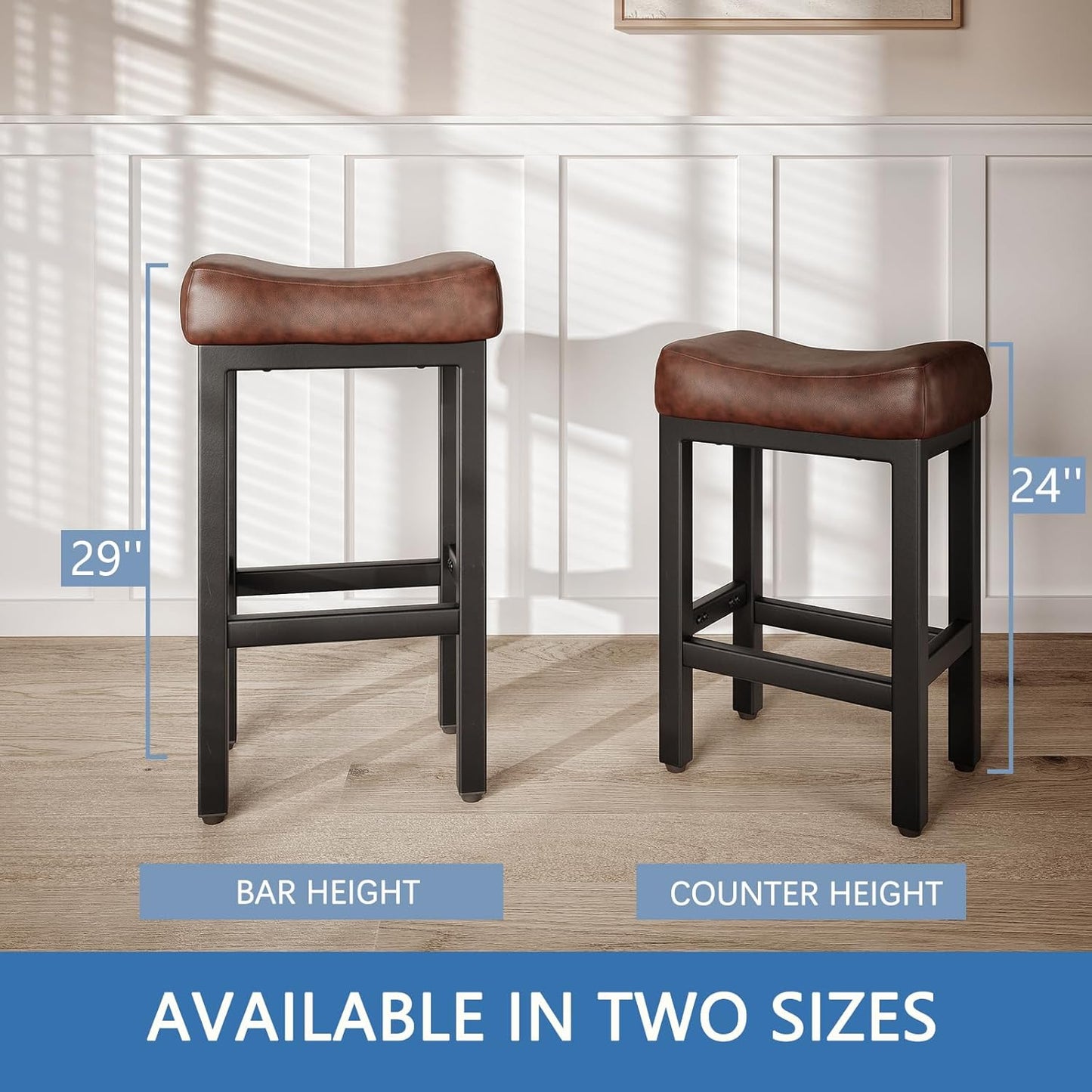 29 Inch Bar Height Bar Stools Set of 2, 29" Barstools for Kitchen Island Counter, Backless Bonded Leather Bar Height Stools with Thick Saddle Seats & Heavy Duty Metal Base, Easy Assembly, Brown/Black