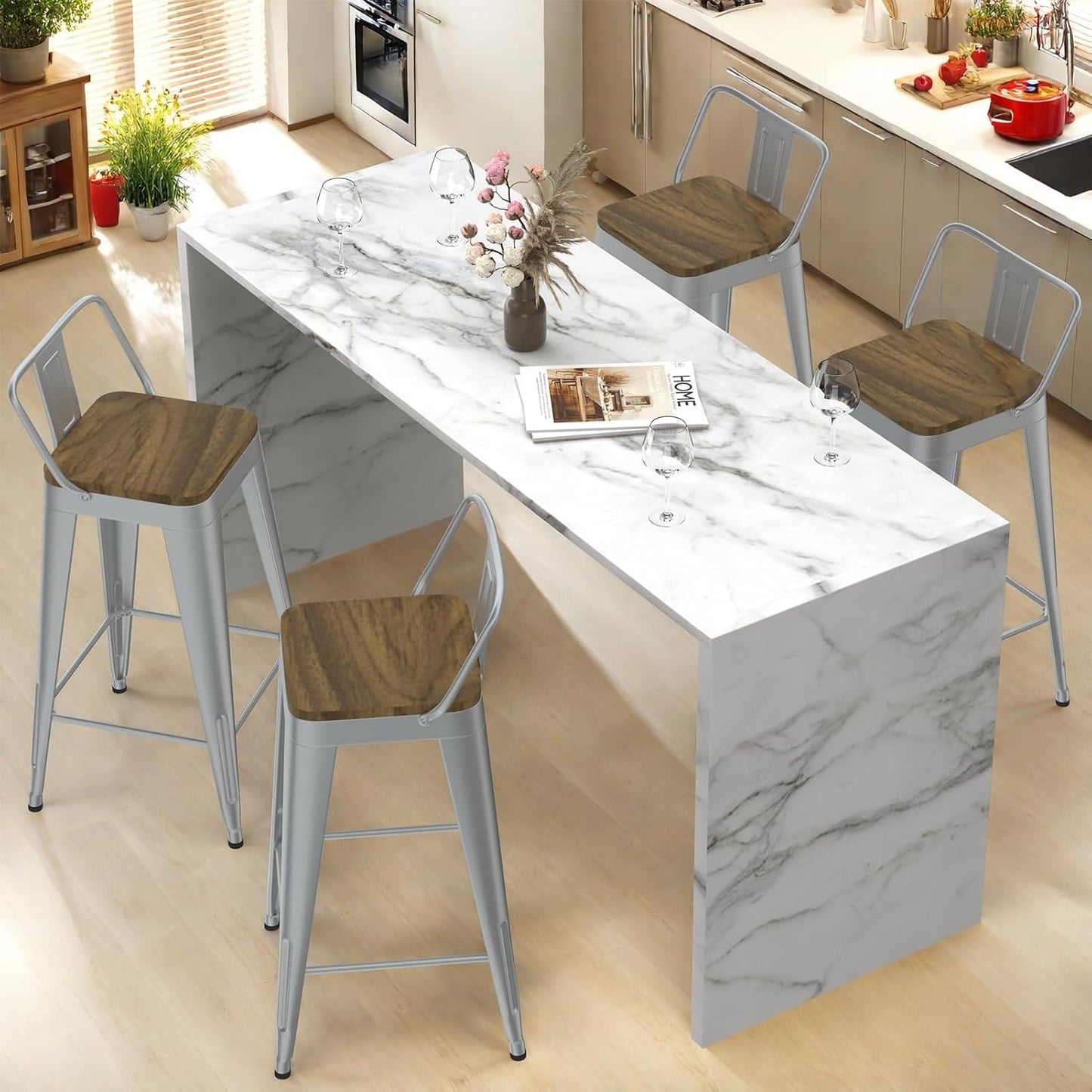 Silver Bar Stools Set of 4, Metal Bar Stools with Wooden Seat, Modern 26”Counter Height Barstools with Low Back