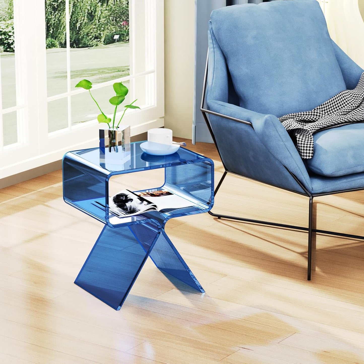 Acrylic Nightstand Side Table Modern Design Clear Home Decor Display End Table for Living Room (Blue)