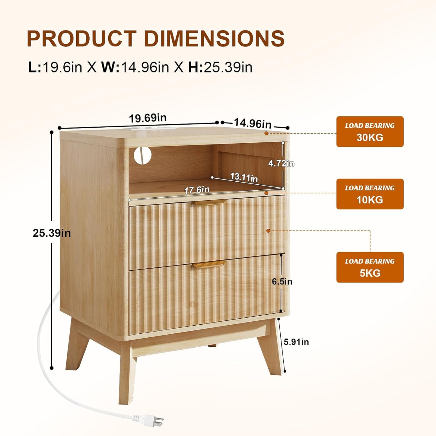 LYNCOHOME Fluted Nightstand Set of 2 with Charging Station, 19.7 inch Wide with 2 Drawers, Modern Wood Bedside Table for Bedroom, Natural