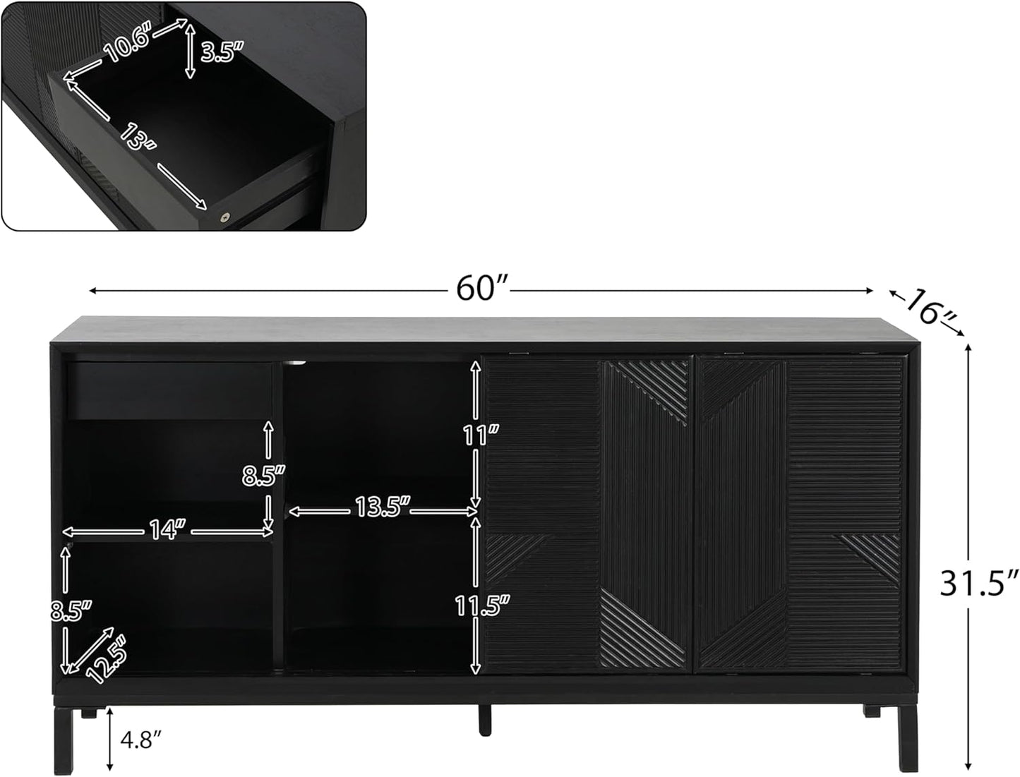 Merax Modern Geometric Accent Cabinet, Vertical Striped Design Sideboard Buffet with Two Drawers, Sliding Doors, Wood Veneer Top, Minimalist Storage Cabinet for Study, Entryway and Living Room, Black