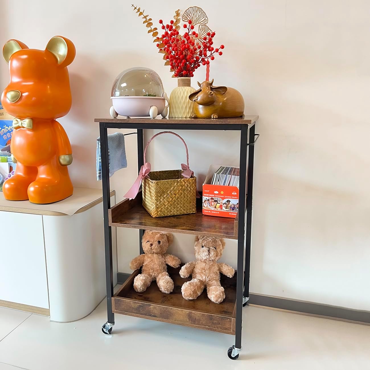 3-Tier Rolling Utility Cart with Lockable Wheels Storage Slim Storage Heavy Duty Cart Mobile Shelving Unit Craft Narrow Organizer for Bathroom Laundry Kitchen (Black)