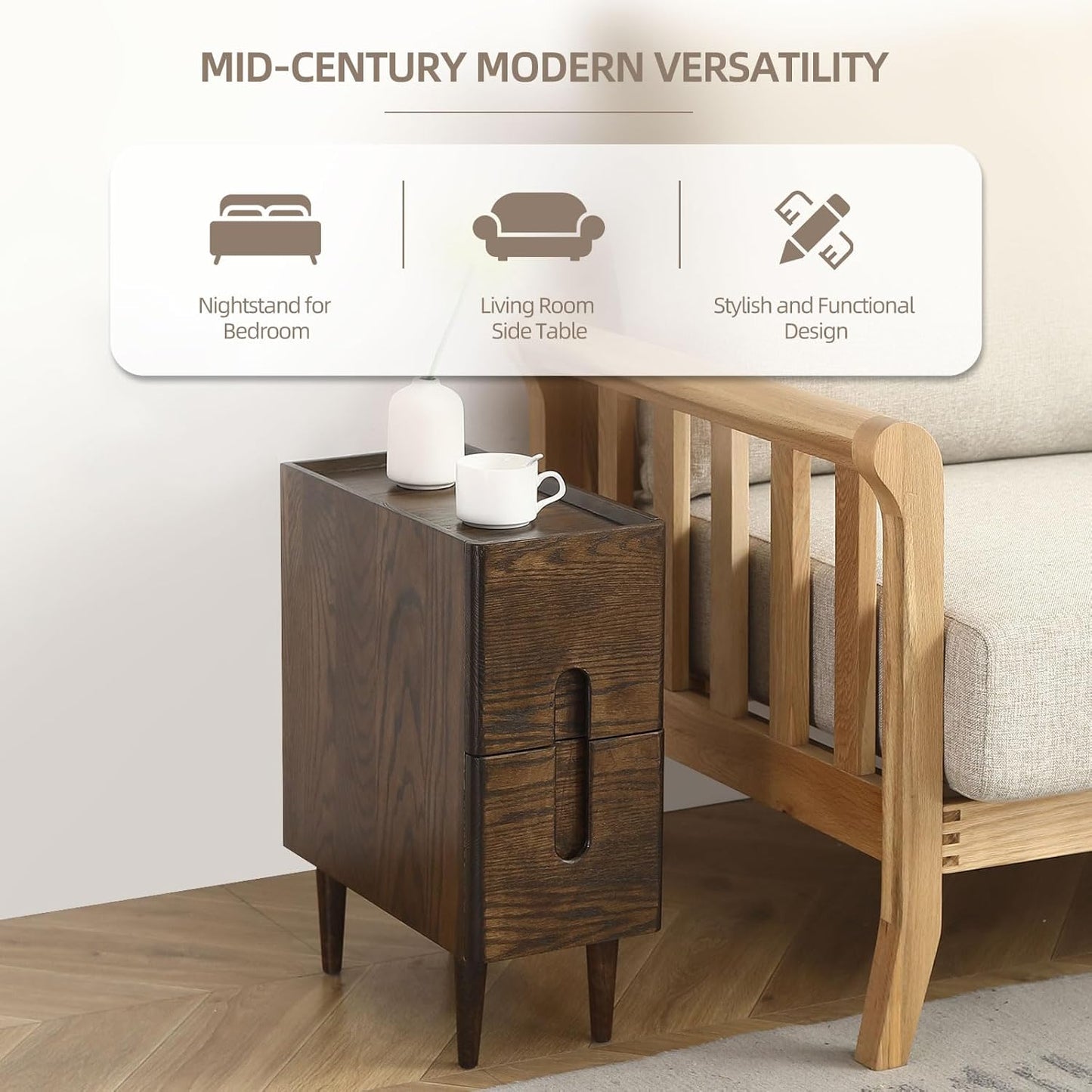 Solid Wood Bedside Table Nightstands, Slim Narrow Oak Real Wooden Mid-Century Modern End Table with Drawers Luxury Side Table Durable Cabinet Organizer Furniture, Walnut Color 7.87in Wide