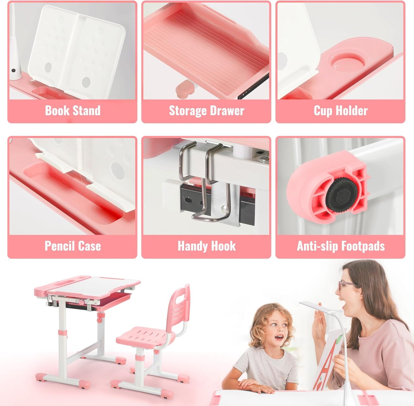 Rengue Kids Desk and Chair Set Height Adjustable Children School Study Desk and Chair with 55° Tiltable Desktop, 3 Mode & Brightness LED Lamps, Storage Drawer & Metal Hook for Boys Girls Gifts (Pink)