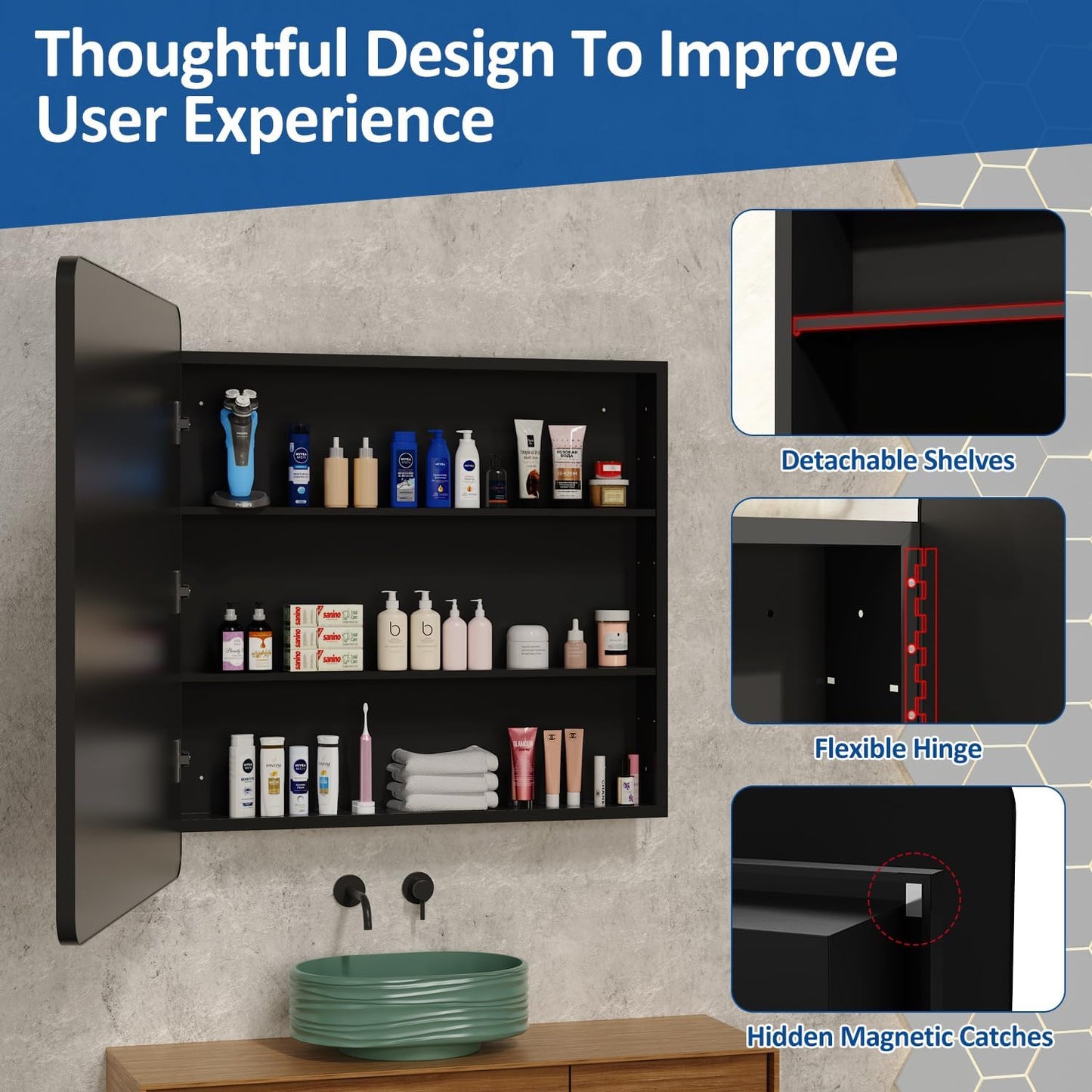 40x30 Inch Black Medicine Cabinet Mirror Metal Framed Recessed Bathroom Medicine Cabinets with Mirror and Storage Wall Mounted