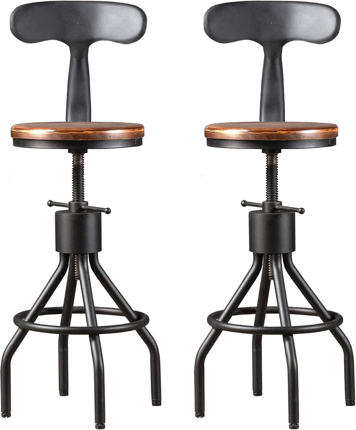 LOKKHAN Set of 2 Rustic Industrial Bar Stool-24-30 Tall Adjustable Metal Swivel Wooden Top Barstools-Counter Height Bar Height-Vintage Farmhouse Kitchen Breakfast Cafe Stool-with Backrest