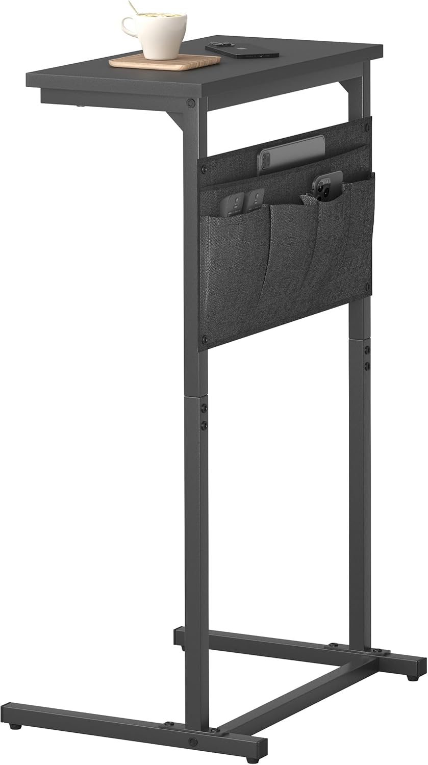 C Shaped End Table, Side Table for Sofa, Small TV Tray, Couch Table with Storage Bag for Small Space, Living Room, Bedroom, Home Office LET501B (Black)