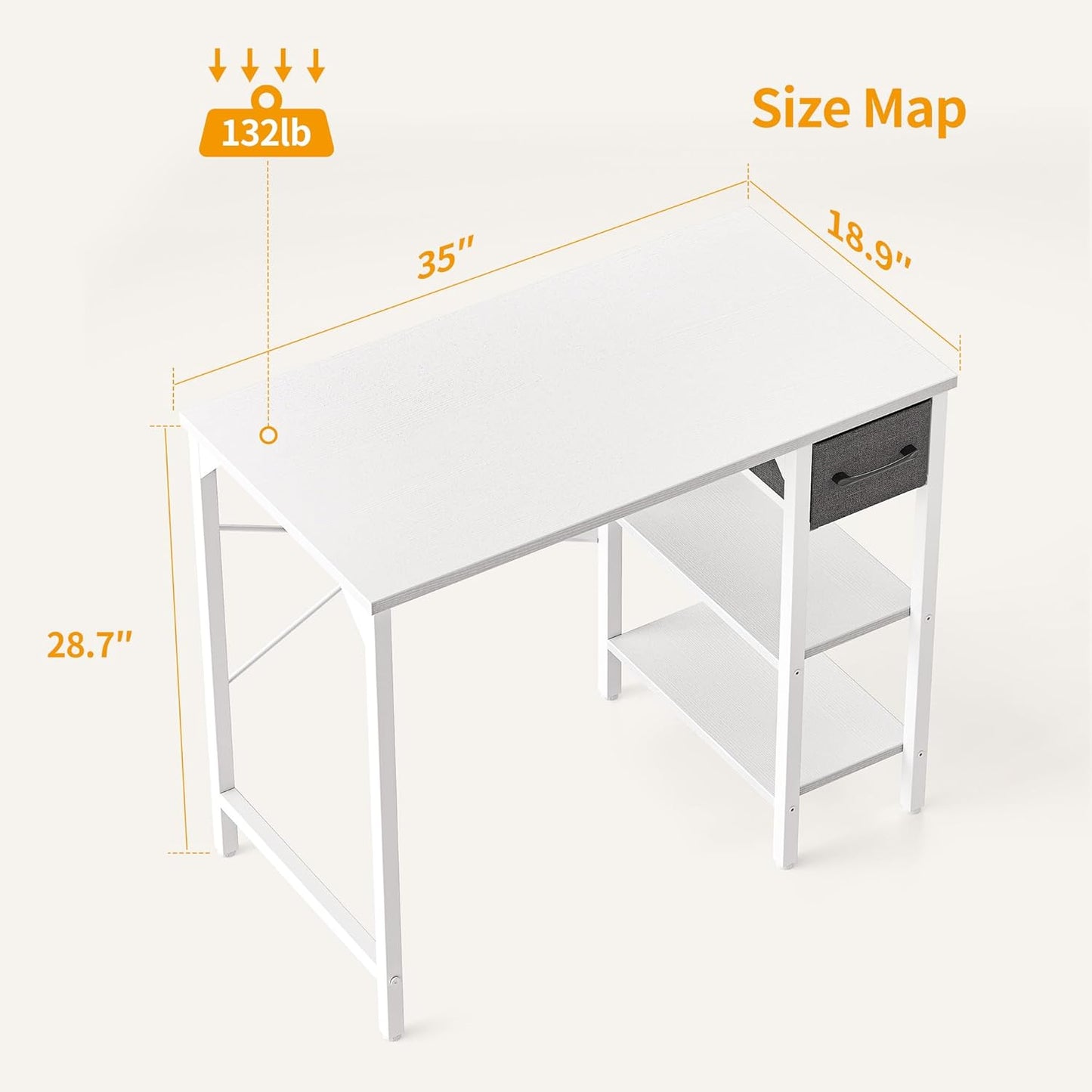 CubiCubi Computer Desk, 35 Inch Small Home Office Workstation with Drawer Storage Shelves for Small Space, Writing Study Desk, Warm White