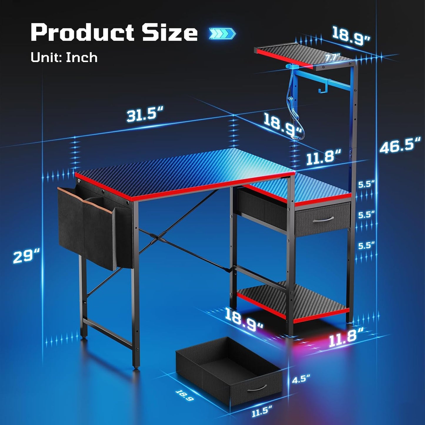 Bestier Gaming Desk with LED Lights, 44 Inch Reversible Computer Desk with Drawers & Storage Shelves for Small Spaces, PC Gamer Table with Storage Bag & Side Hook, Carbon Fiber Black-RED