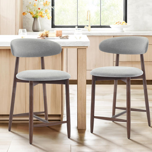 COLAMY Bar Stools Set of 2, Counter Height Bar Stools, Upholstered Counter Stools with Wood Legs for Kitchen Island Dining Room Bar, Light Grey
