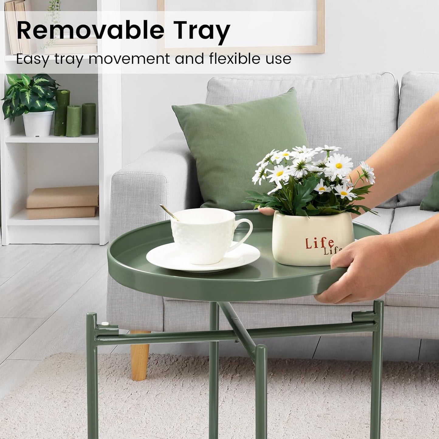 danpinera 2 Tier Metal Side Table with Removable Tray, Folding End Table Outdoor Small Accent Table, Anti-Rust Green Nightstand for Bedroom Balcony Patio, Set of 2 (Dark Green)