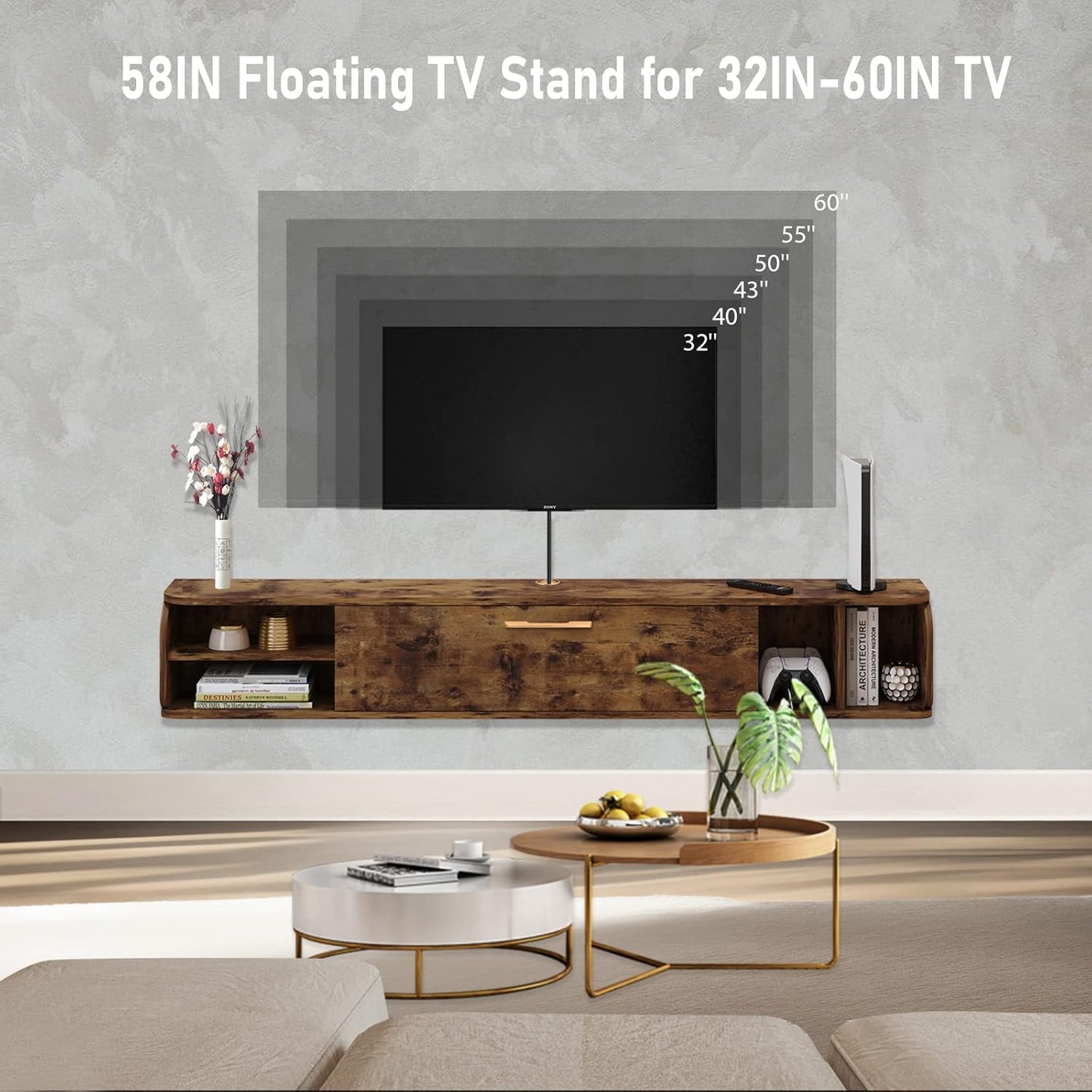 Floating TV Unit, 58'' Wall Mounted TV Cabinet, Floating Shelves with 4 Cabinets, Wooden Entertainment Media Console Center Large Storage TV Bench for Living Room & Office (Rustic Brown)