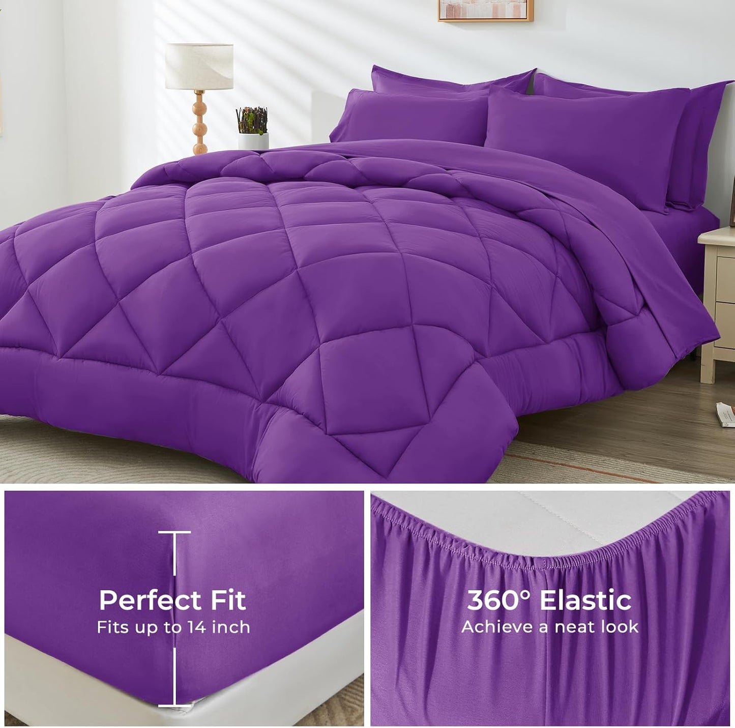 HEVUMYI Purple Twin Comforter Set - 5-Piece All Season Bed in a Bag Twin, Ultra Soft Bedding Set with Comforter, Flat Sheet, Fitted Sheet, Pillowcases, Pillow Shams