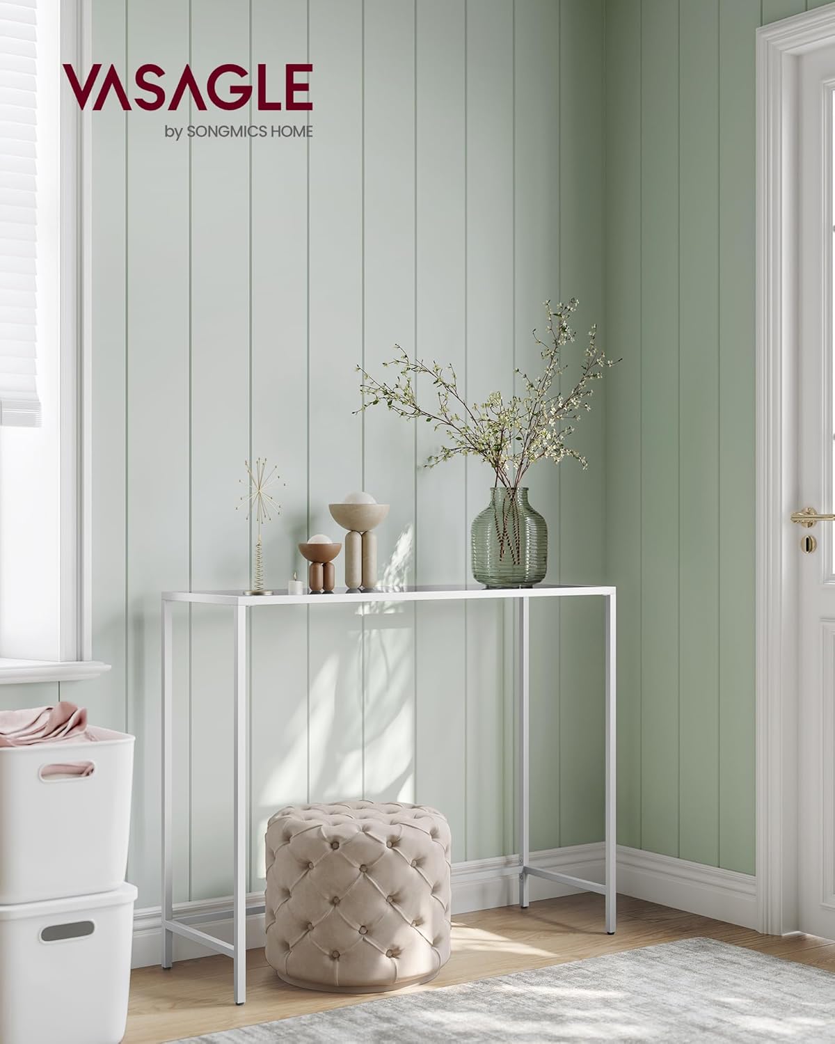 VASAGLE Entryway Table, Console Table, Tempered Glass Tabletop, Modern Sofa Table, Easy Assembly, with Adjustable Feet, for Living Room, Entryway, Pearl White and Slate Gray ULGT026W01