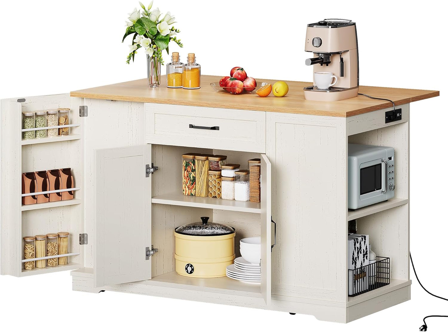 YITAHOME 50" Kitchen Island with Power Outlet & Drop Leaf, Rolling Island Cart with Trash Can Cabinet, Mobile Storage Islands with Microwave Rack, Door Storage Spice Rack, Retro White