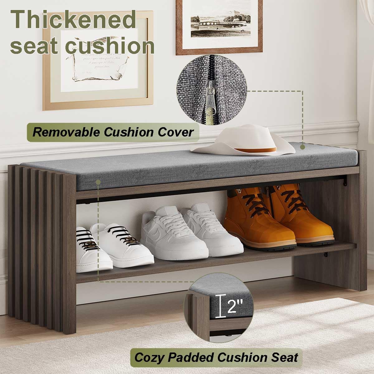 BON AUGURE Shoe Storage Bench, Entryway Bench with Cushion, Ottoman Benches for Bedroom, Living Room, Shoe Rack Seat for Hallway Entry (Greige Oak, 40 Inch Wide)