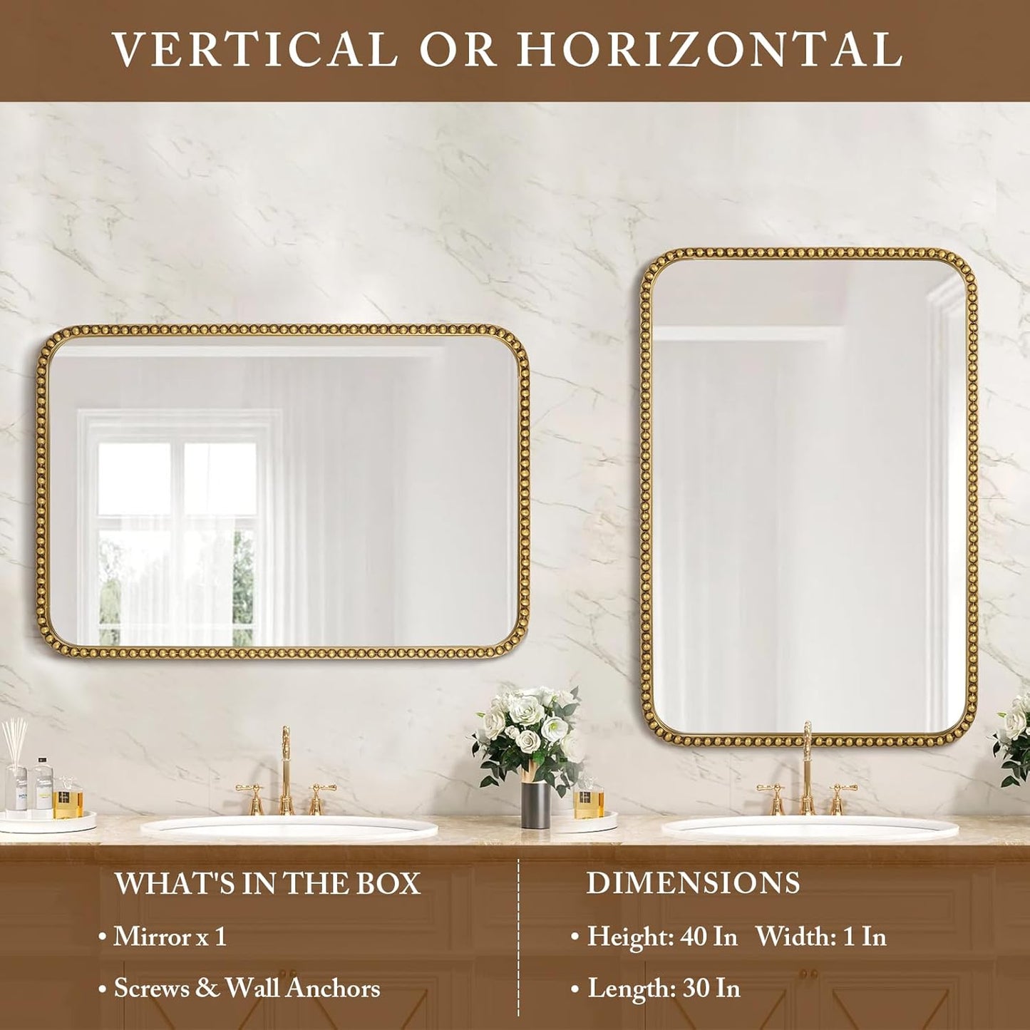Wall Mirror for Bathroom - 30"x40" Rectangle Rounded Corner Beaded Frame Mirror, Large Vanity Mirror Hangs Horizontal or Vertical, Antique Gold