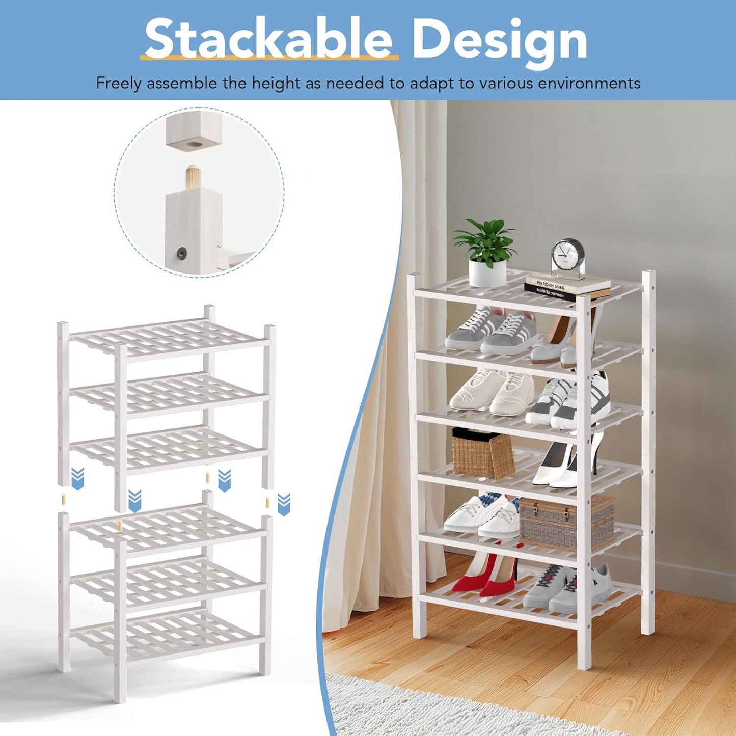 Haddockway small 6 Tier Bamboo Shoe Rack Storage Organizer, Multifunctional Free Standing Stackable Shoe Shelf with Grid Panel for Closet,Hallway,Entryway,Small Space 18"x11"x34"(White, 6-Tier(Small))