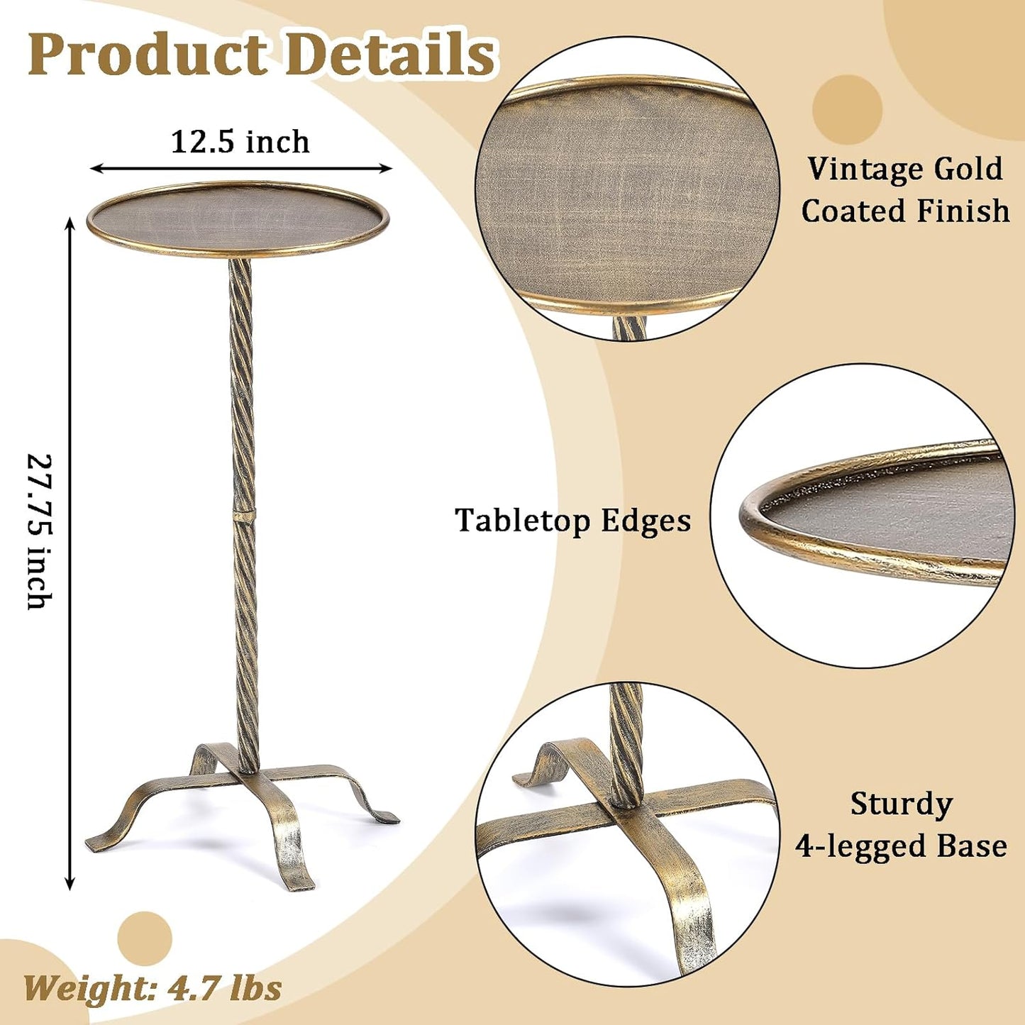 Metal Martini Table, 27.75" Antique Gold Side Table with 4 Legs, Modern Small Round Drink Table for Small Spaces Livng Room Sofa Couch Patio