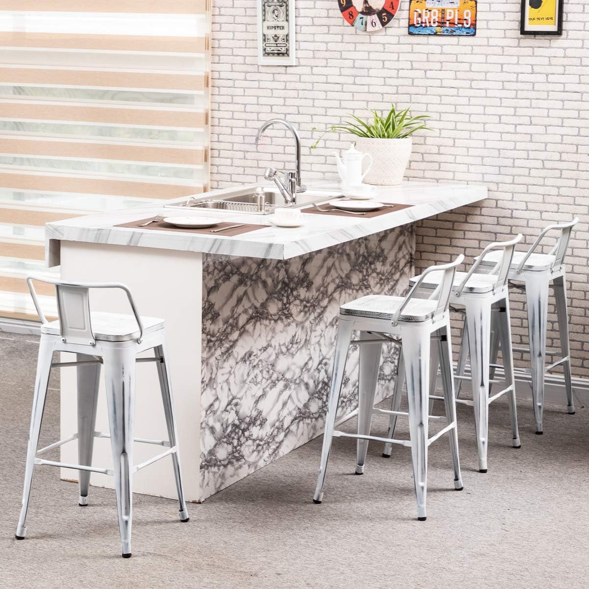 Yongchuang 30 inch Bar Stools Set of 4 Bar Height Metal Barstools with Wood Seat Distressed White Low Back Kitchen Bar Chairs