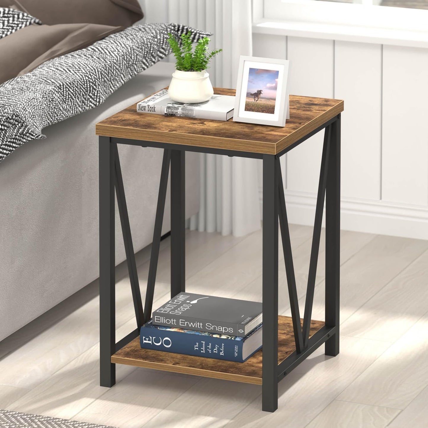 EXCEFUR End Table, Square Side Tables for Living Room, Industrial Metal and Wood Nightstand for Bedroom, Rustic Brown