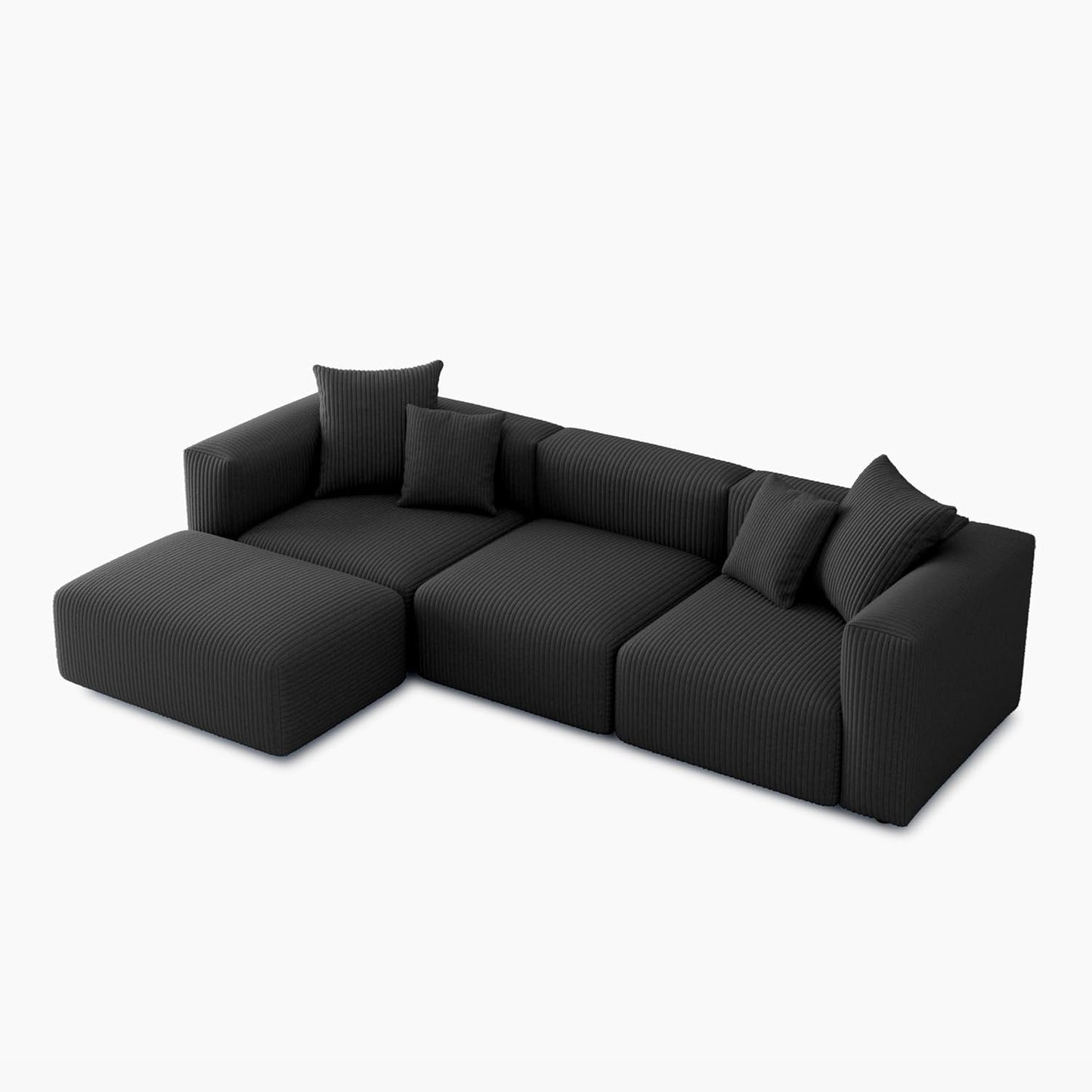Acanva Convertible Modular Sectional Sofa with Movable Ottomans, Free Combination Corduroy Couch for Living Room Apartments, L-Shaped, Black