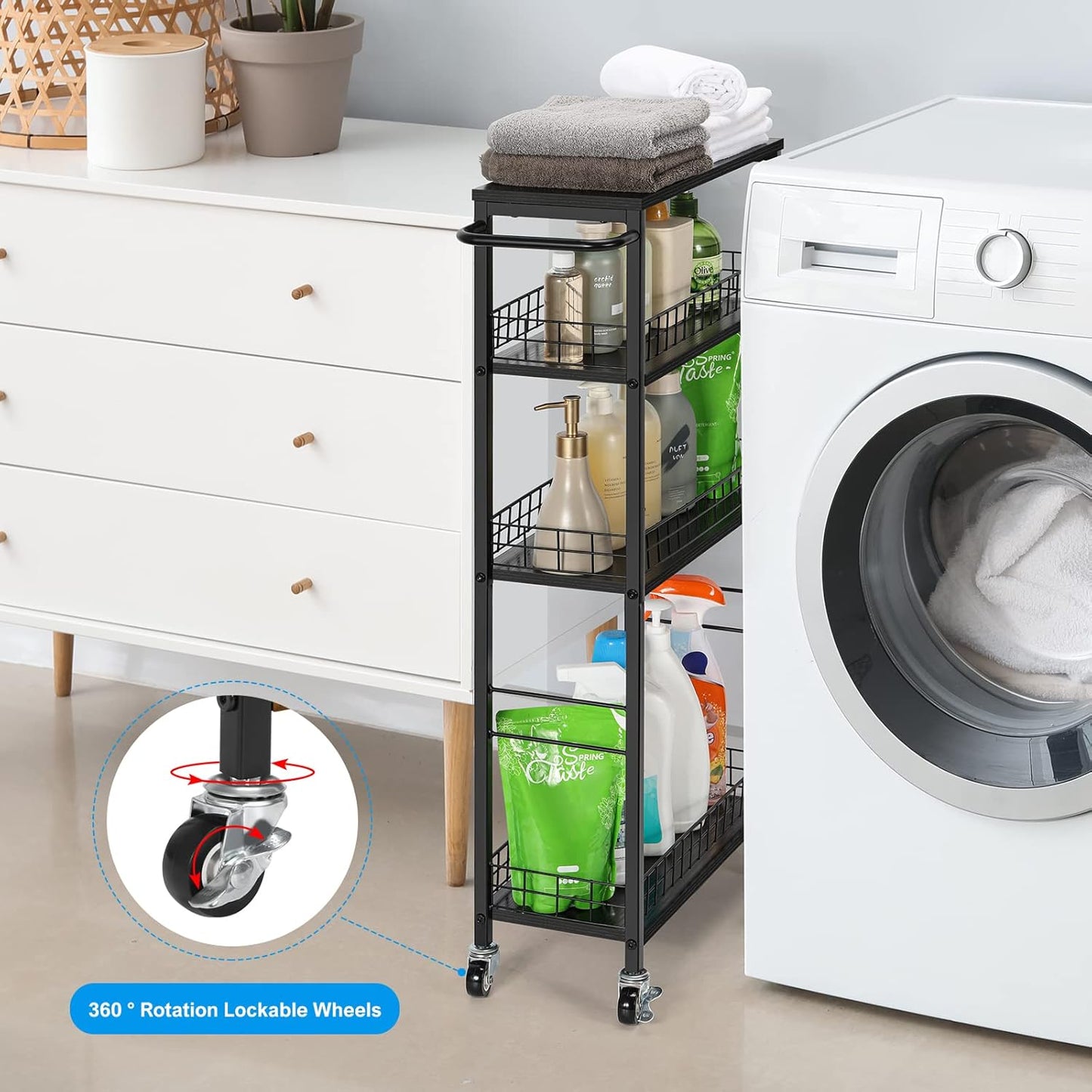 YBING Slim Storage Cart Kitchen Rolling Utility Cart on Wheels 4 Tier Mobile Narrow Cart with Wood and Metal Handle Slide Out Storage Shelving Unit Cart for Kitchen Living Room Small Places Black