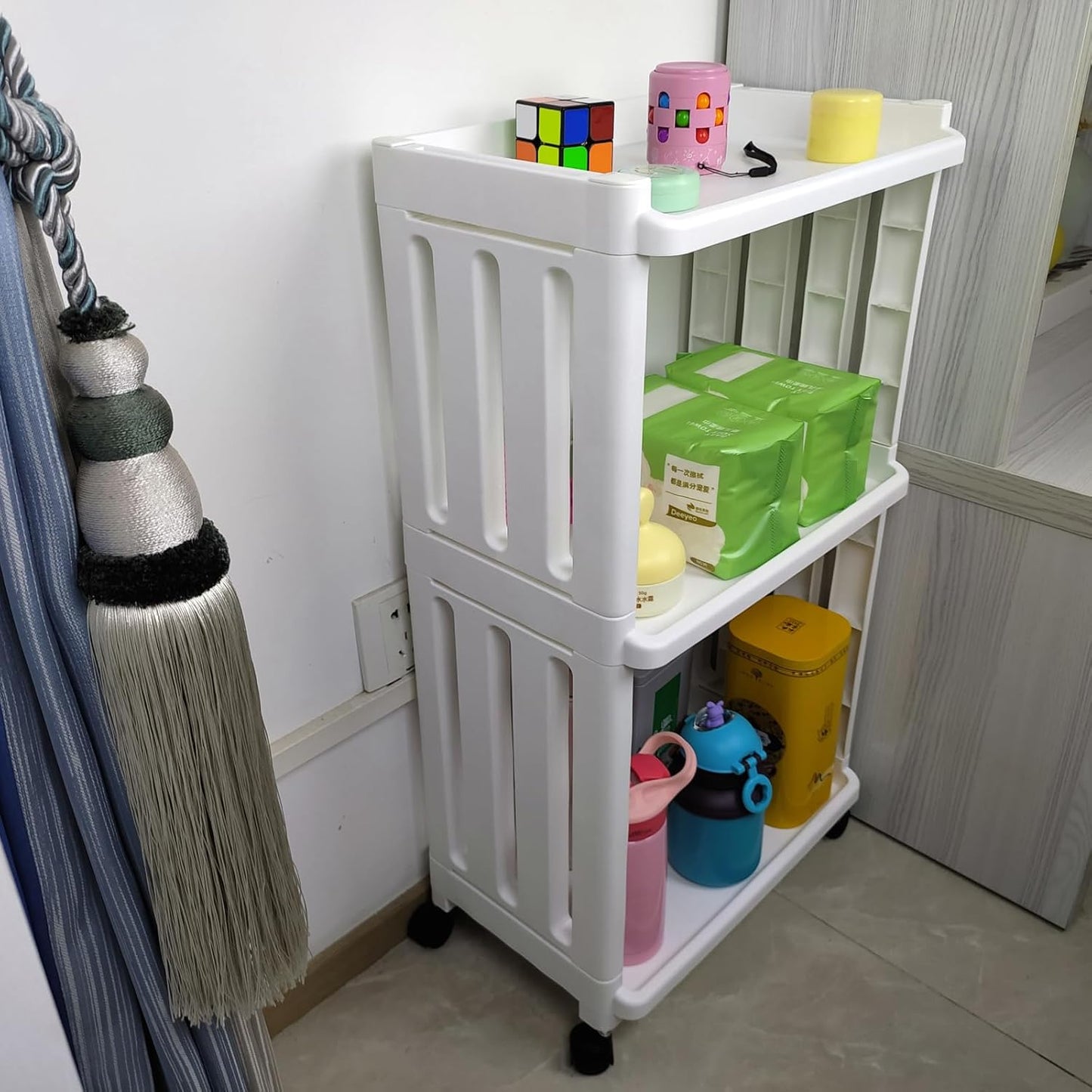 3 Tier Rolling Storage Cart Organizer Shelf on Wheels Movable Organization Rack with Wheels Shelving Unit Trolley for Bathroom Laundry Room Office Utility Cart (Taller Size)