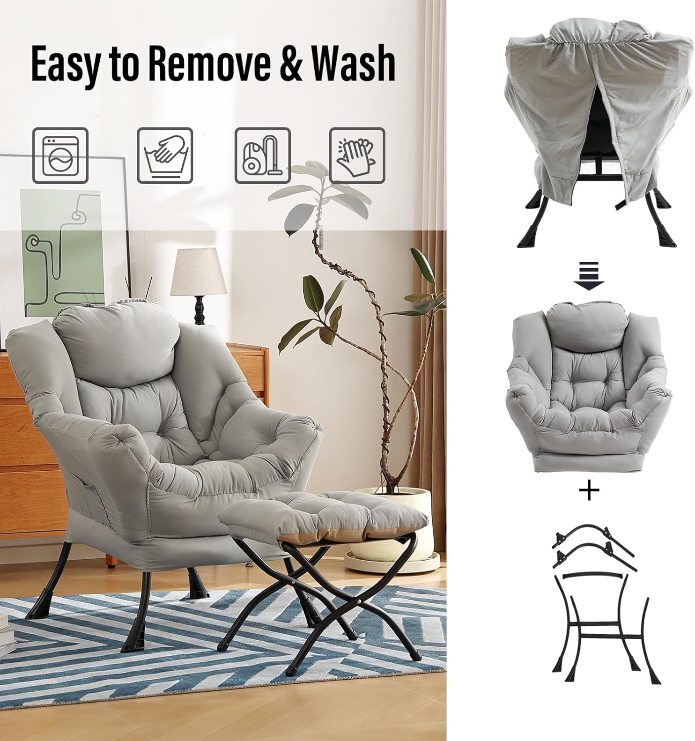 Lazy Chair with Ottoman, Modern Chair with Folding Footrest, Lounge Accent Chair, Comfortable Reading Chair (Light Grey)