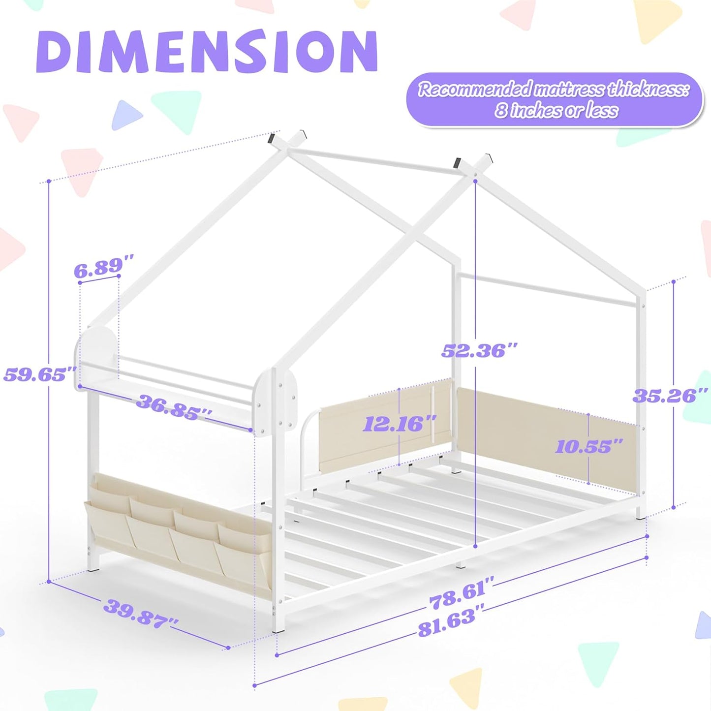 Timy House Shape Twin Size Montessori House Bed Metal Floor Bed with Storage Rack and Caddy Twin Bedframe for Kids No Box Spring Needed White