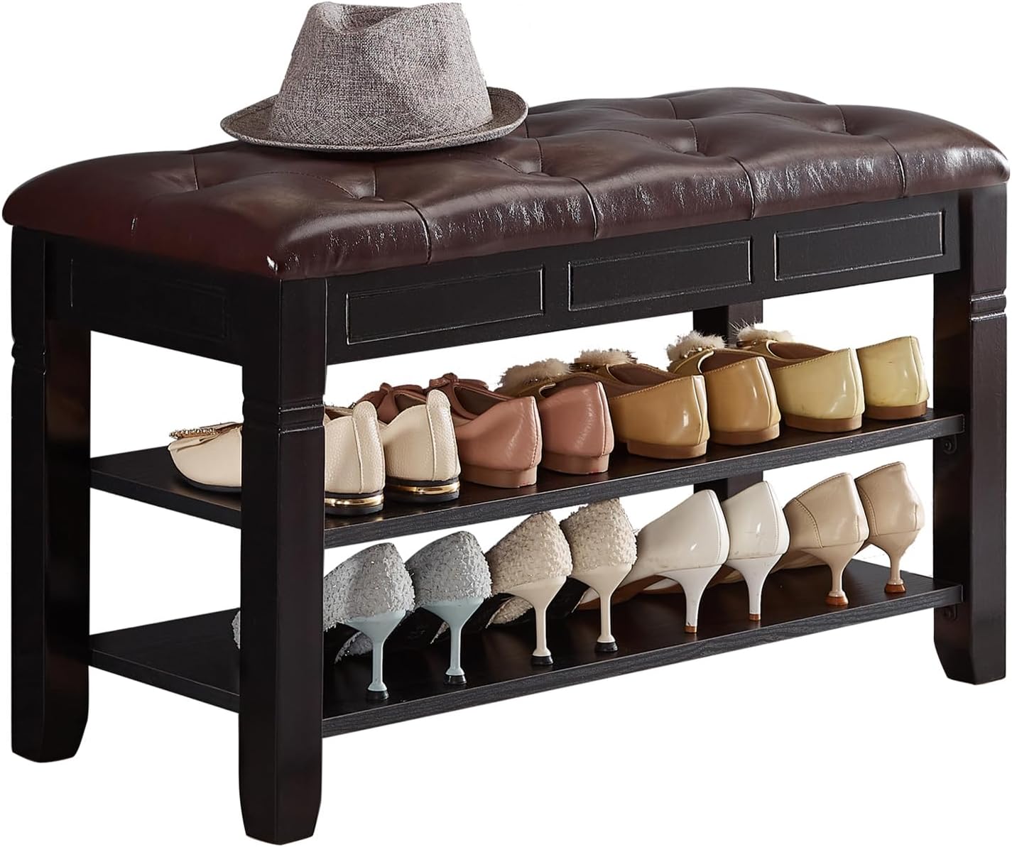 Shoe Storage Bench, Entryway Shoe Rack with Fiberleather Seat 2-Tier Lift Top Organizer Wooden Shoe Bench for Entryway Hallway Living Room (Black 31.5x13.8x18.9'')