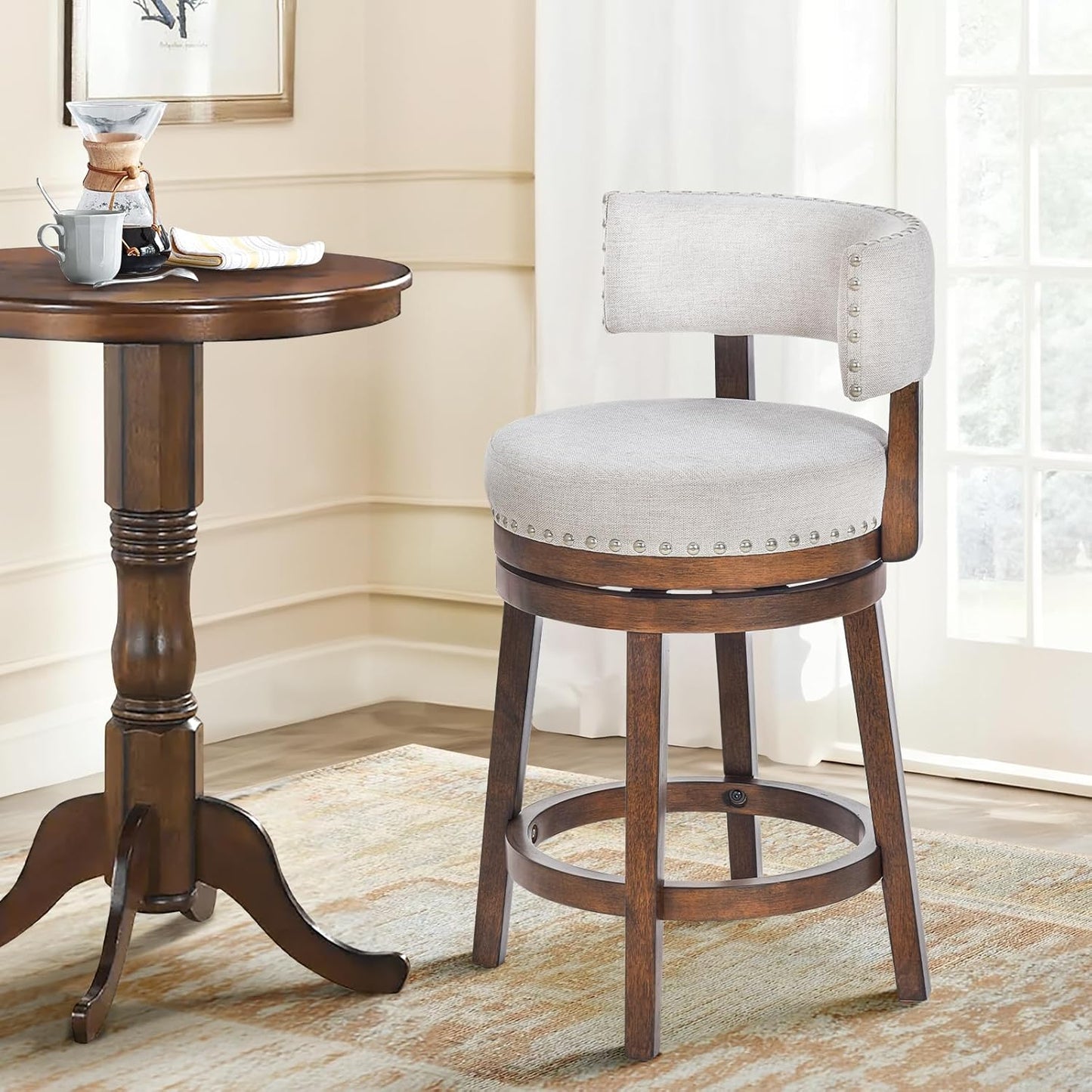 COLAMY Swivel Bar Stool, Modern Swivel Barstool with Back, Counter Height Bar Stools, 25 Inch Upholstered Wood Barstool for Kitchen Island Dining Room Bar, Beige