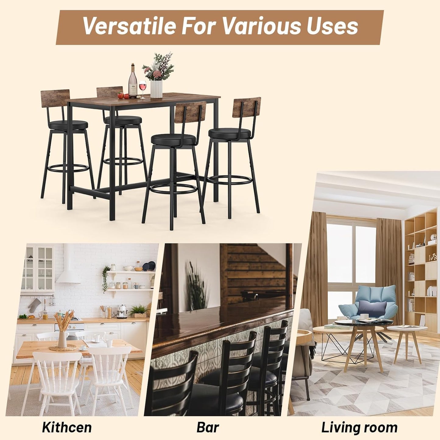 Dining Table Set for 4, 5-Piece Bar Table Set, Kitchen Table and Chairs, Counter Height High Top Table with 4 PU Upholstered Stools, Space-Saving Pub Table Sets for Small Space, Brown