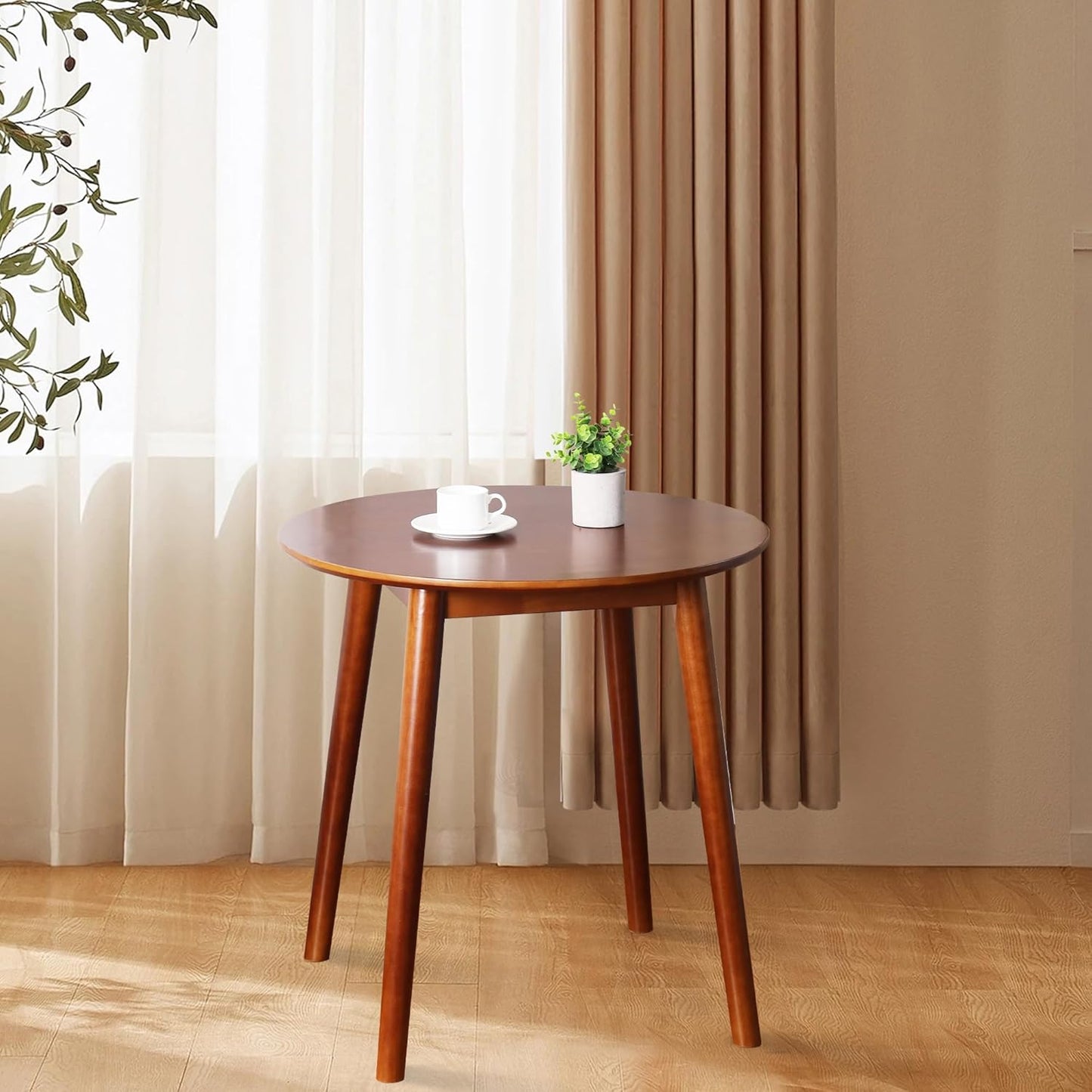 28.3" Small Round Dining Table for 2, Wooden Space-Saving Kitchen Dinner Table Rustic Wood Dining Table Mid Century Modern Kitchen Table (Brown)