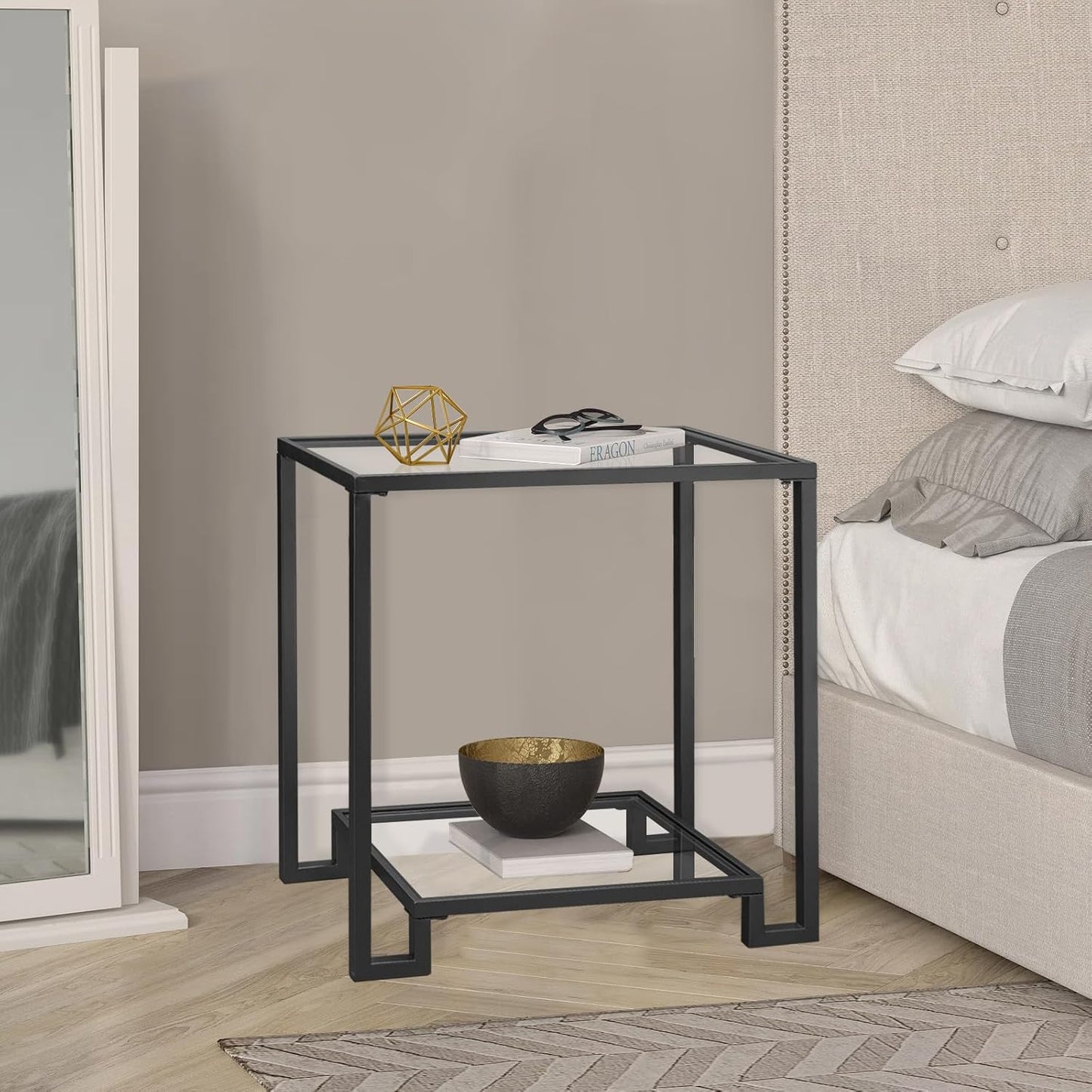 2 Tier Rectangular Side Table, Black End Table with Glass Top, Modern Metal Clear Coffee Tables，Small Accent Tables for Living Room, Bedroom, 22" x 12.4" x 24"