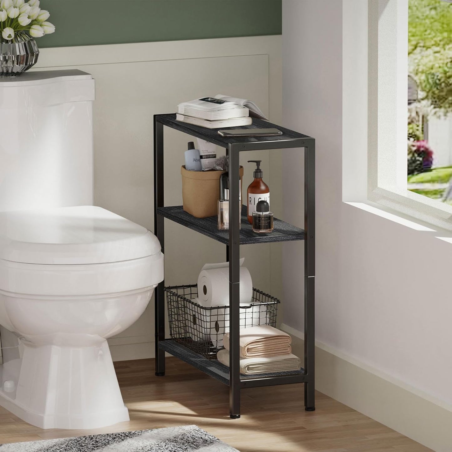 3-Tier Side Table, Small EndTable, Sofa SideTable for Narrow Spaces, Slim EndTable, NightstandTable, Skinny Bedside Table, for Living Room, Bedroom, Office, Black