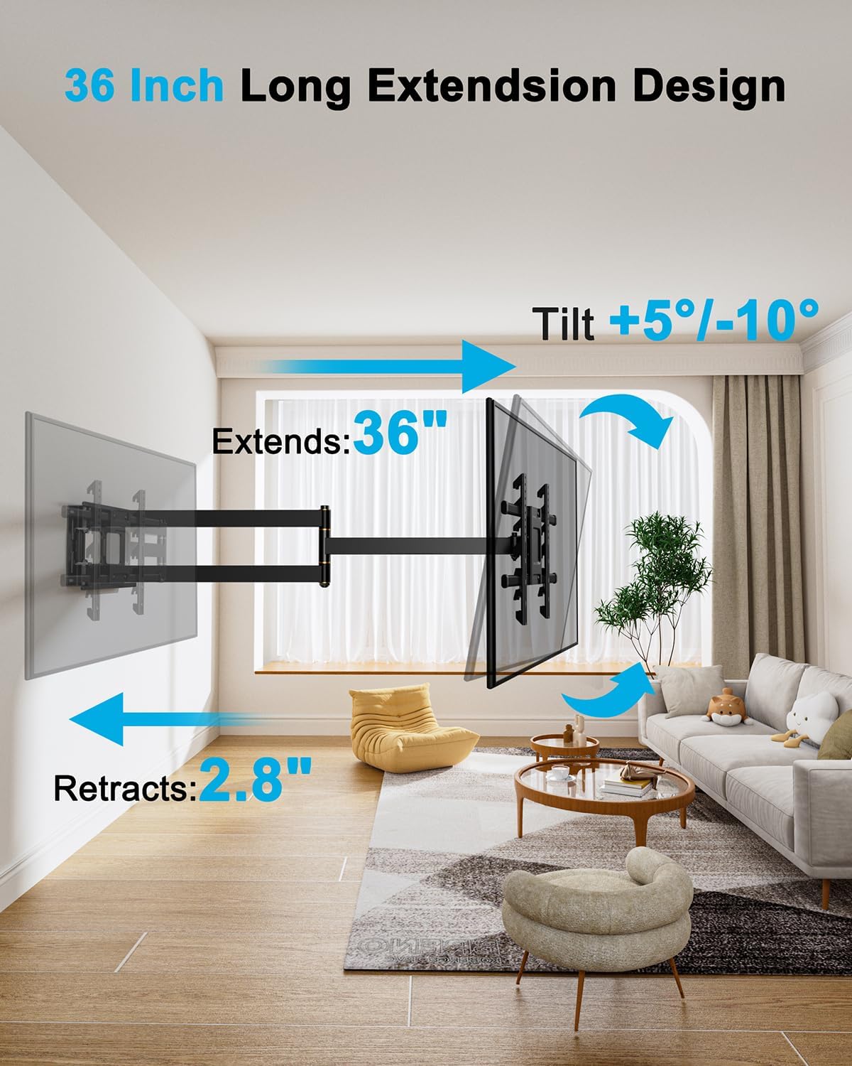 FORGING MOUNT Long Arm TV Wall Mount for 42-90 Inch TVs up to 150 lbs, 36 Inch Extension Full Motion Articulating Wall Mount with Height Setting, Swivel and Tilt, VESA 600x400mm, 8"/12"/16" Wood Studs