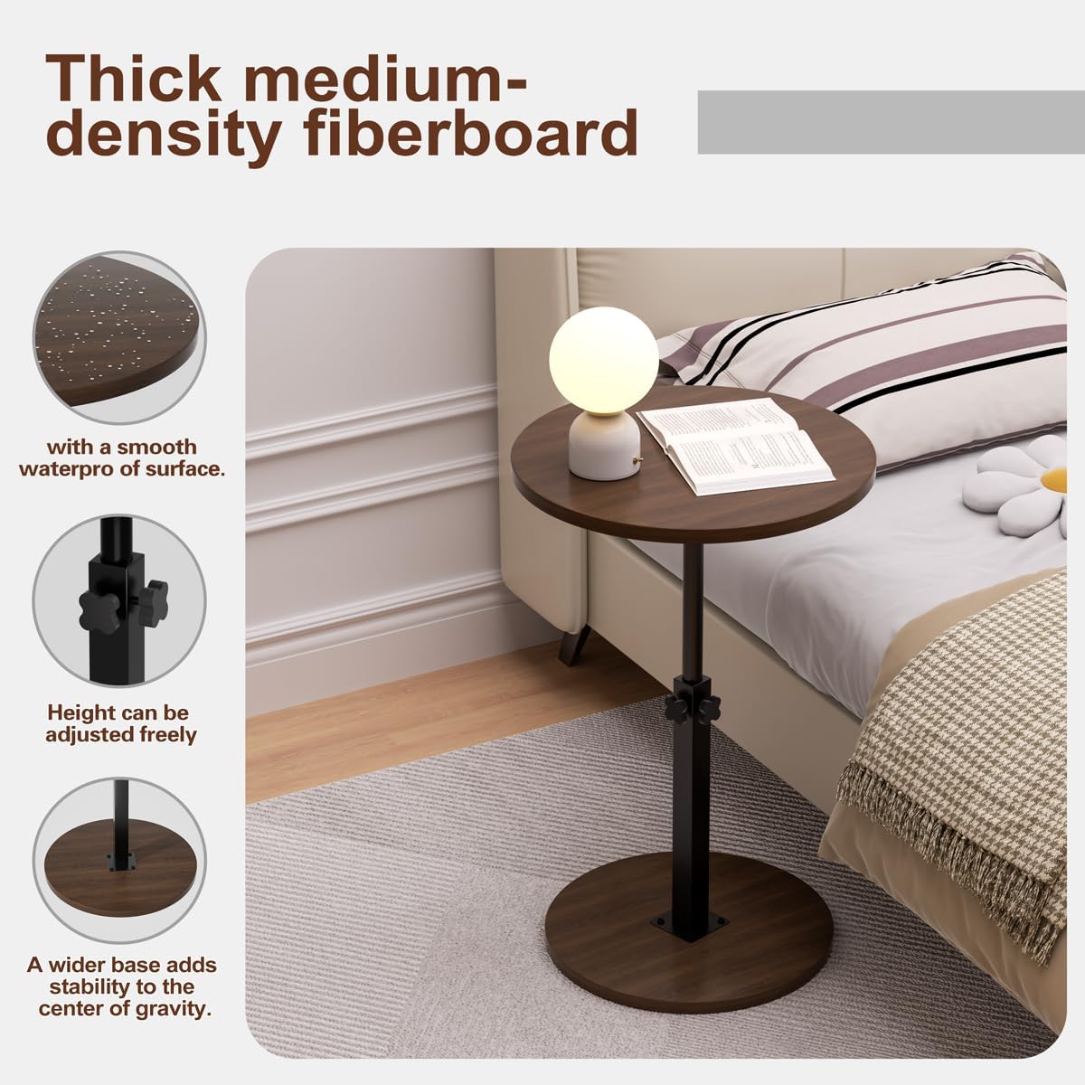 Adjustable Side Table, Round End Table, Small Bedside Table, Mid Century Modern Nightstand for Living Room, Bedroom, Corners and Office (Walnut)