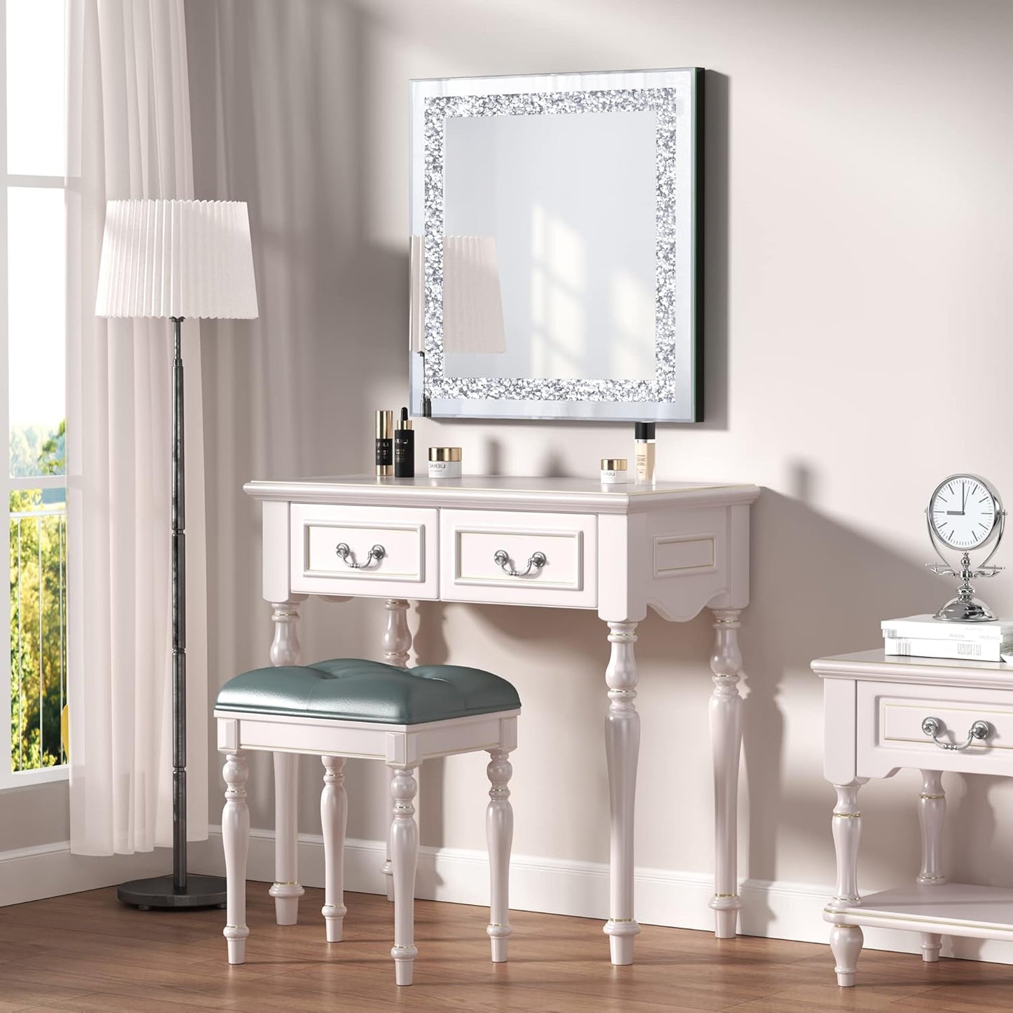 Crystal Decorative Mirror-24 x24 Rectangle Gorgeous Silver Mirror, Crush Diamond Mirror for Wall Decoration Bedroom, Hallway, Dining Room