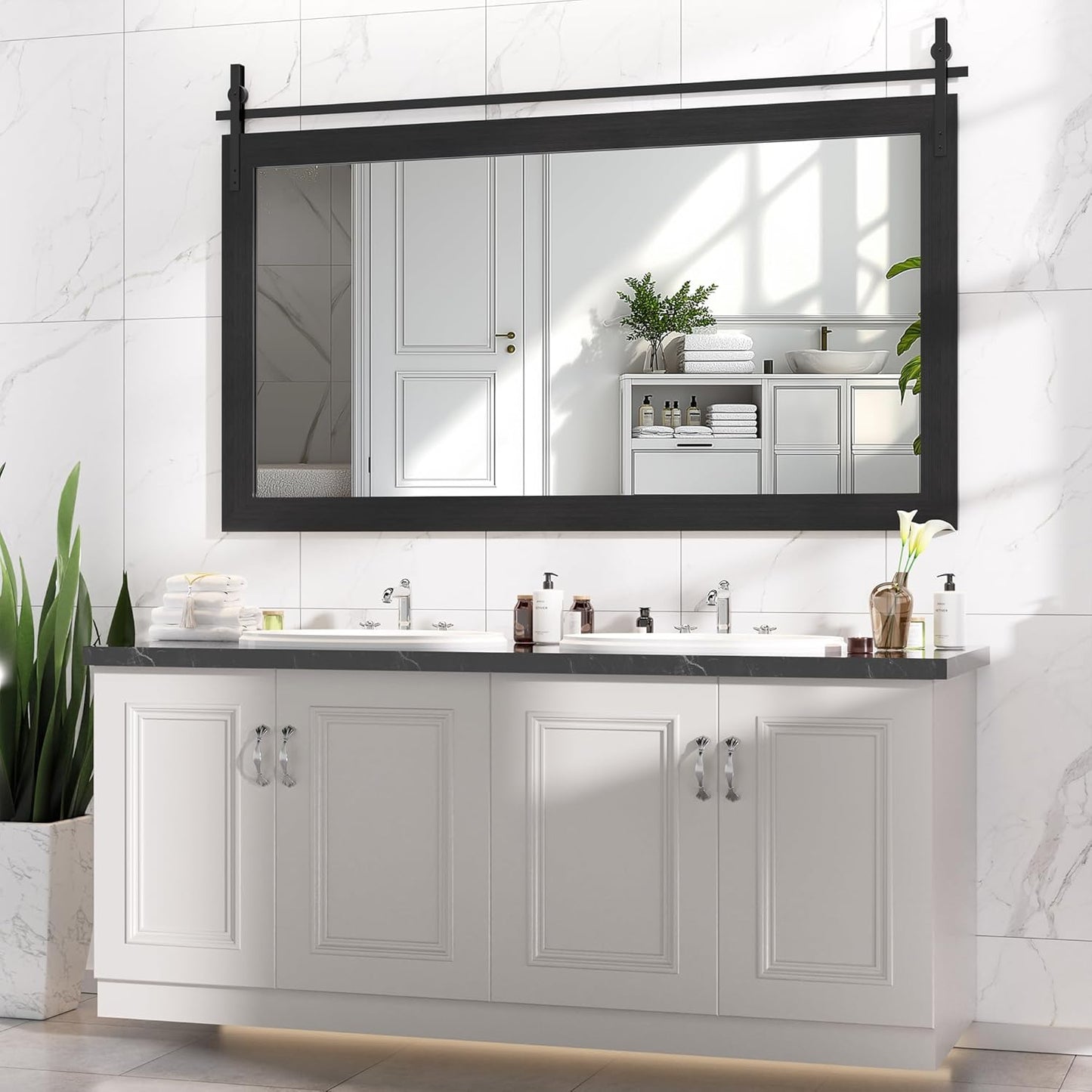 Hasipu Farmhouse Bathroom Mirror, 60"x30" Rustic Wood Framed Wall Mounted Mirror, Black Vintage Vanity Mirror Barn Door Style Decrative Mirrors