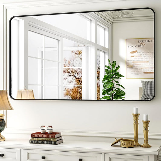 30 x 48 Inch Bathroom Mirror, Rounded Rectangular Vanity Mirror for Wall, Modern Mirror for Room Decor, Black Framed Wall-Mounted Mirrors for Home Decor, Hangs Horizontally or Vertically