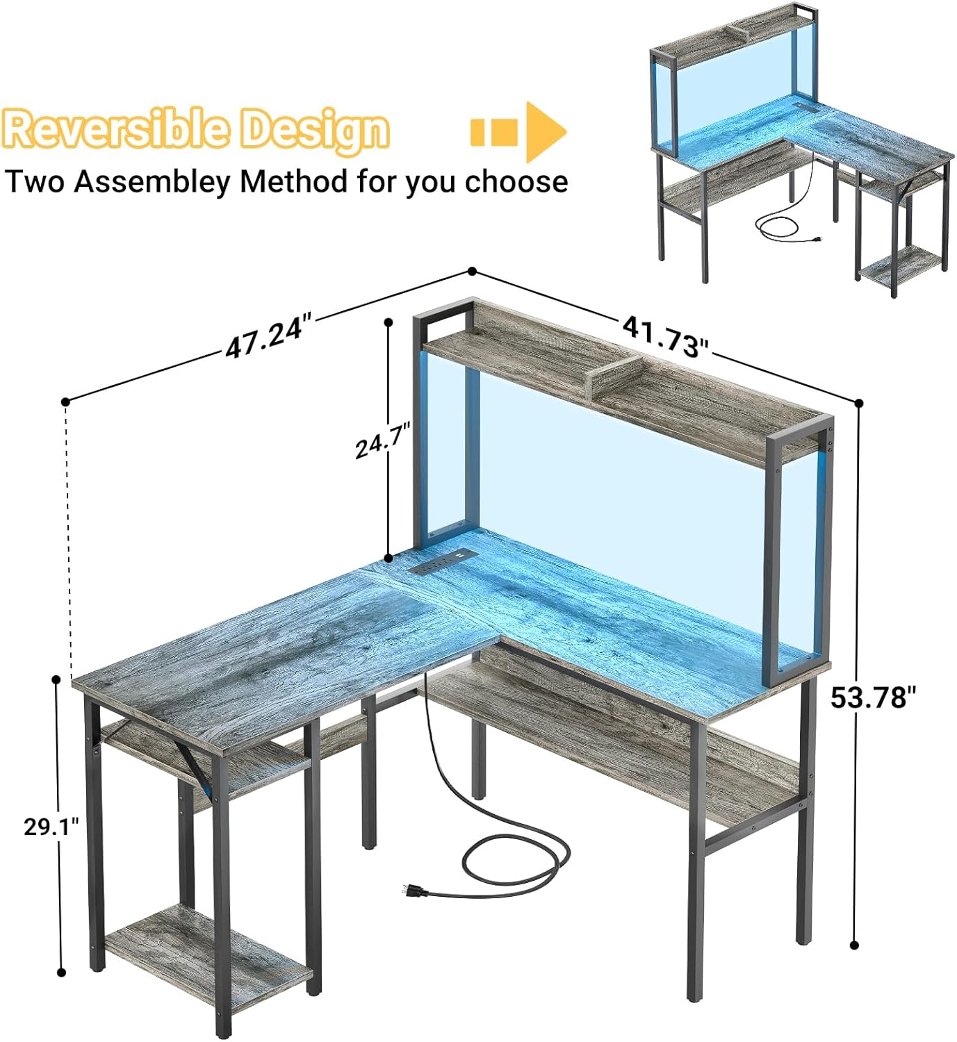 Unikito L Shaped Gaming Desk with LED Strip and Power Outlets, Reversible L-Shaped Computer Desk with Storage Shelves, Corner Desk with Hutch, 2 Person Home Office Desk, Black Oak