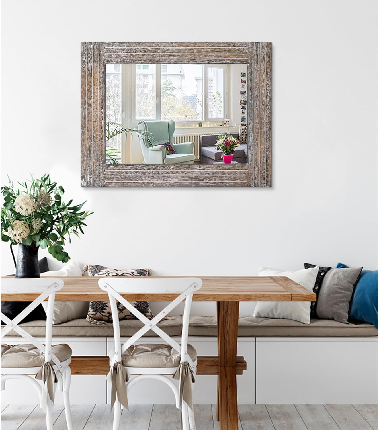 Wall Mirror Rustic Wooden Frame Rectangle Mirror Vintage Hanging Mirror for Bedroom Bathroom Living Room Farmhouse Wall Decor Large 26" x 18"