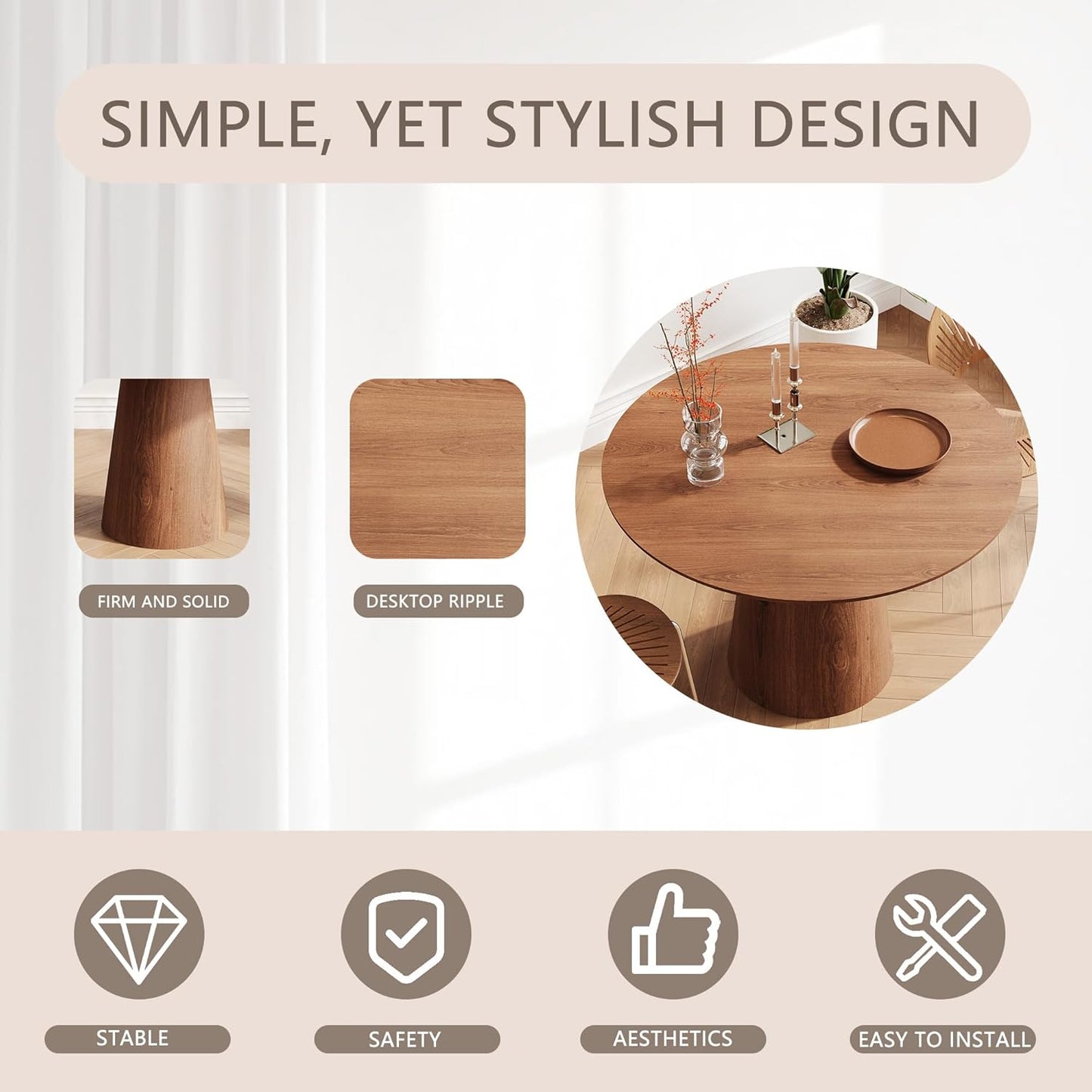 Round Dining Room Table for 4, 43'' Modern Farmhouse Kitchen Table with Round Pedestal, for Kitchen, Living Room, Cafe,Small Spaces, Apartment Walnut