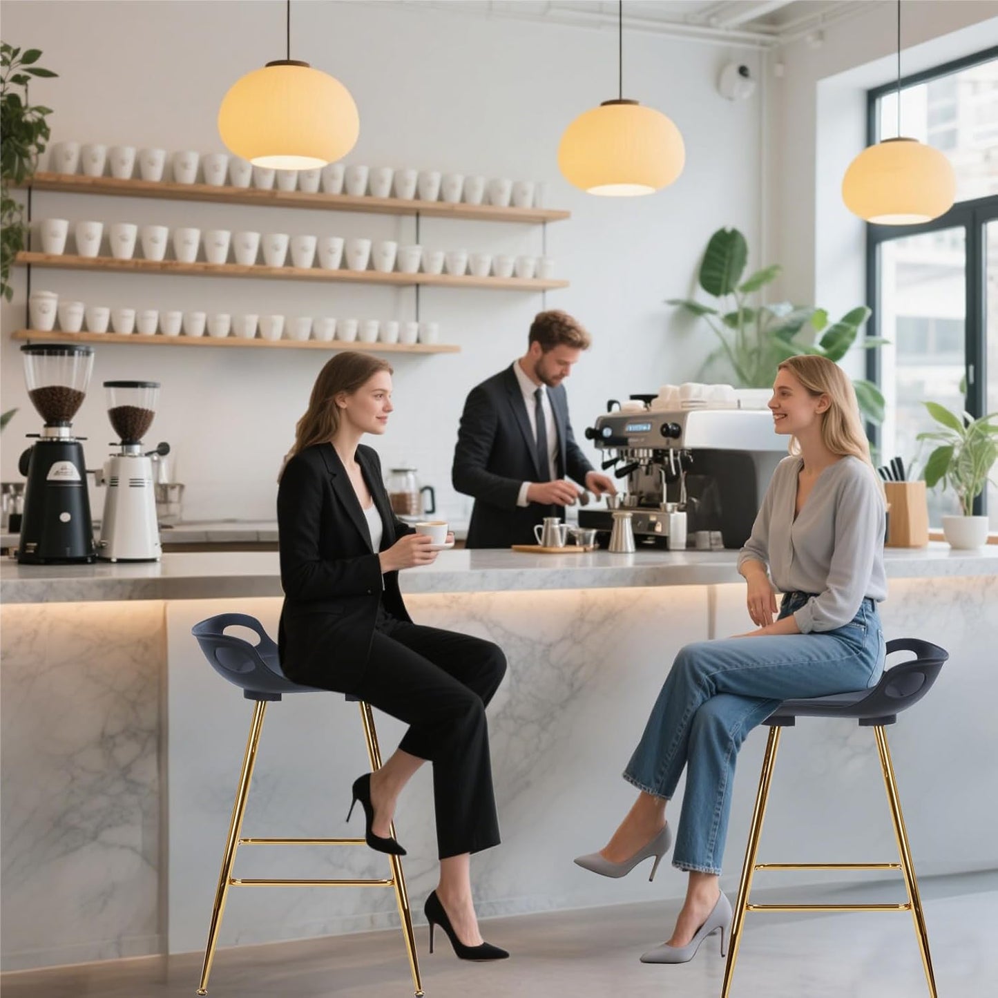 Sidanli Black Bar Stools, Barstool Set of 2, Counter Height Chairs with Gold Metal Legs, Island Chairs with Leather Cushion Seats & Footrests, 26” Bar Stools for Kitchen Island, Home Bar
