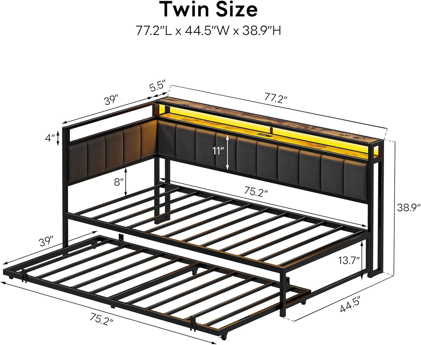 LIKIMIO Corner Twin Bed Frame with Trundle, Upholstered Storage Headboard & LED Lights, Twin Size Daybed with Charging Station, Sturdy Platform Metal Frame for Living Room, Bedroom, Guest Room, Gray