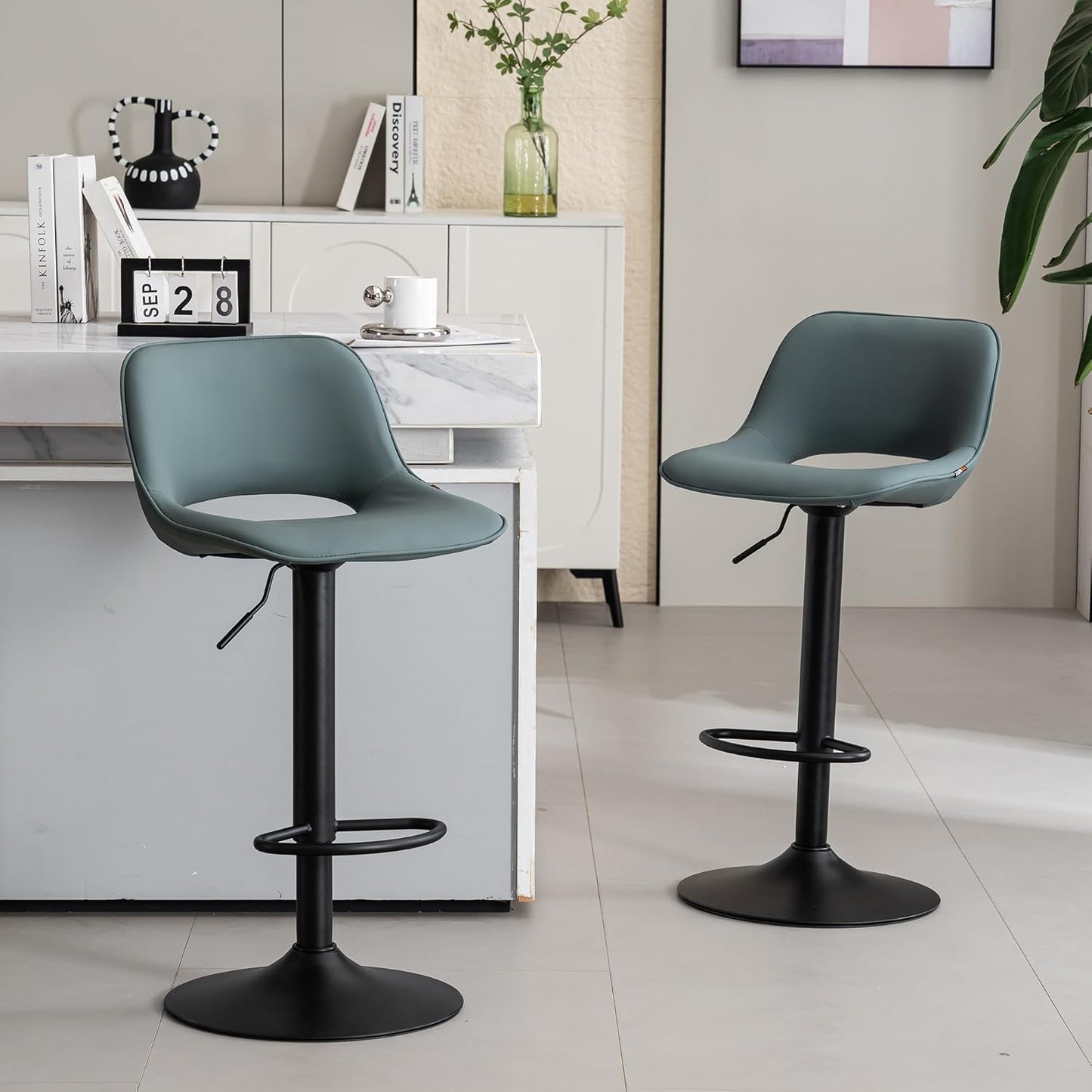 YOUNIKE Bar Stools Set of 2 Modern Swivel Barstools, Adjustable Counter Height Bar Stools Faux Leather Upholstered Counter Stools with Hollow Back for Kitchen Island, Greyish Green
