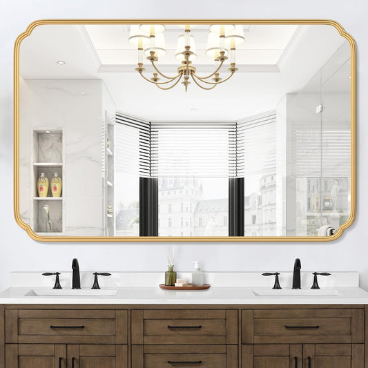 55X36 Inch Gold Metal Framed Bathroom Mirror for Wall, Large Rounded Rectangle Bathroom Vanity Mirror Farmhouse, Anti-Rust, Tempered Glass, Hangs Horizontally or Vertically