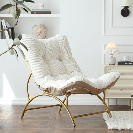 Welnow Accent Lounge Lazy Chair, Comfy Soft Leisure Metal Frame Reading Chair, Upholstered Thick Cushion Seated Recliner Sofa for Living Room, Bedroom, Dorm, Beige