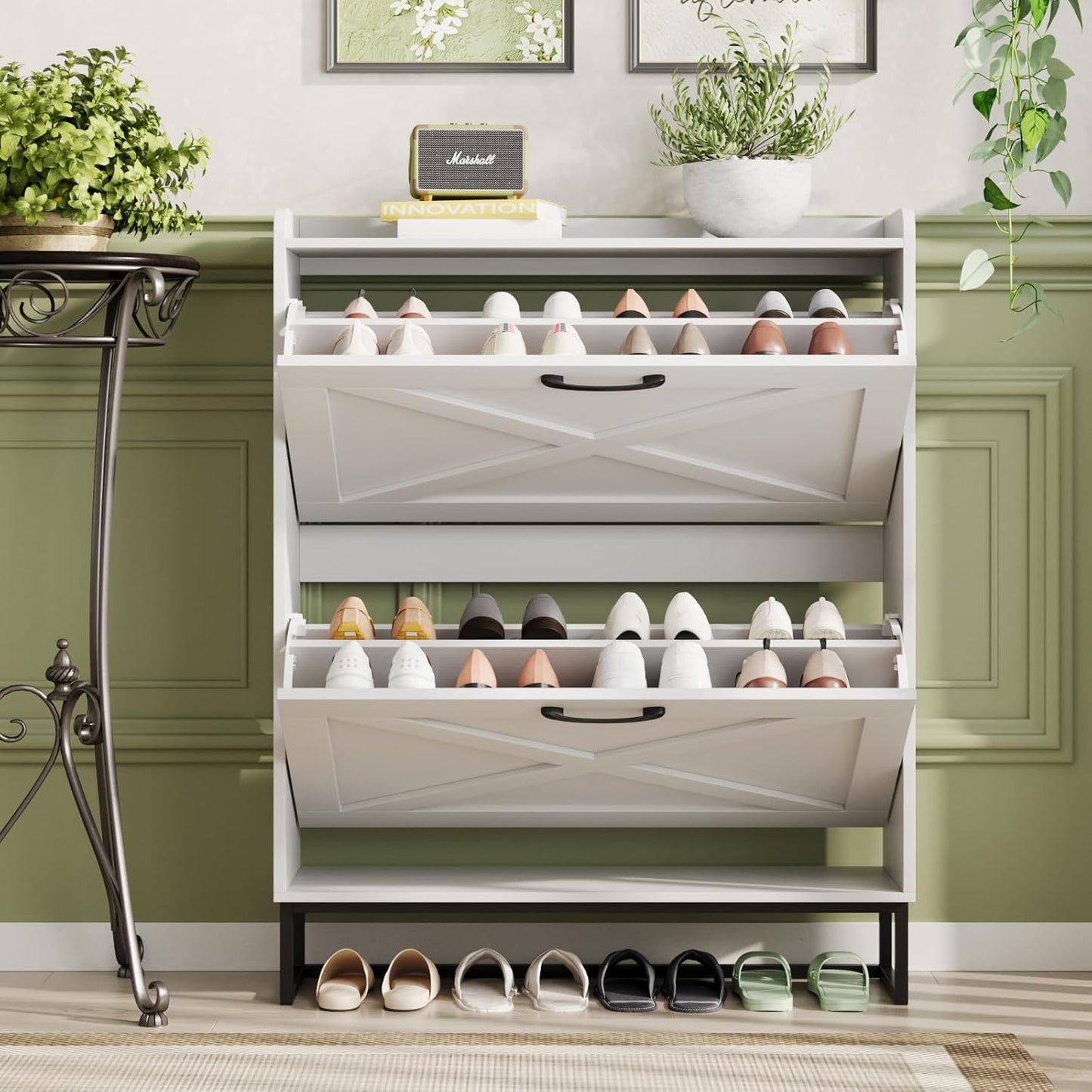 Maupvit Shoe Cabinet with 2 Flip Drawers, Freestanding Shoe Cabinet Organizer with Metal Legs, Shoes Storage Cabinet for Entryway, Narrow Shoe Rack Cabinet, White